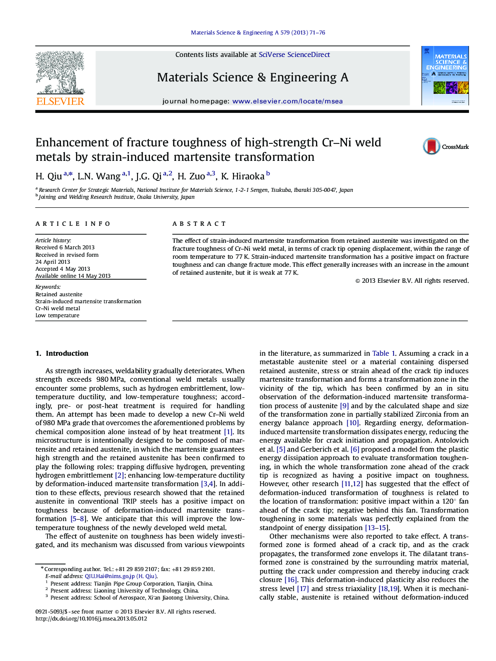 Enhancement of fracture toughness of high-strength Cr–Ni weld metals by strain-induced martensite transformation