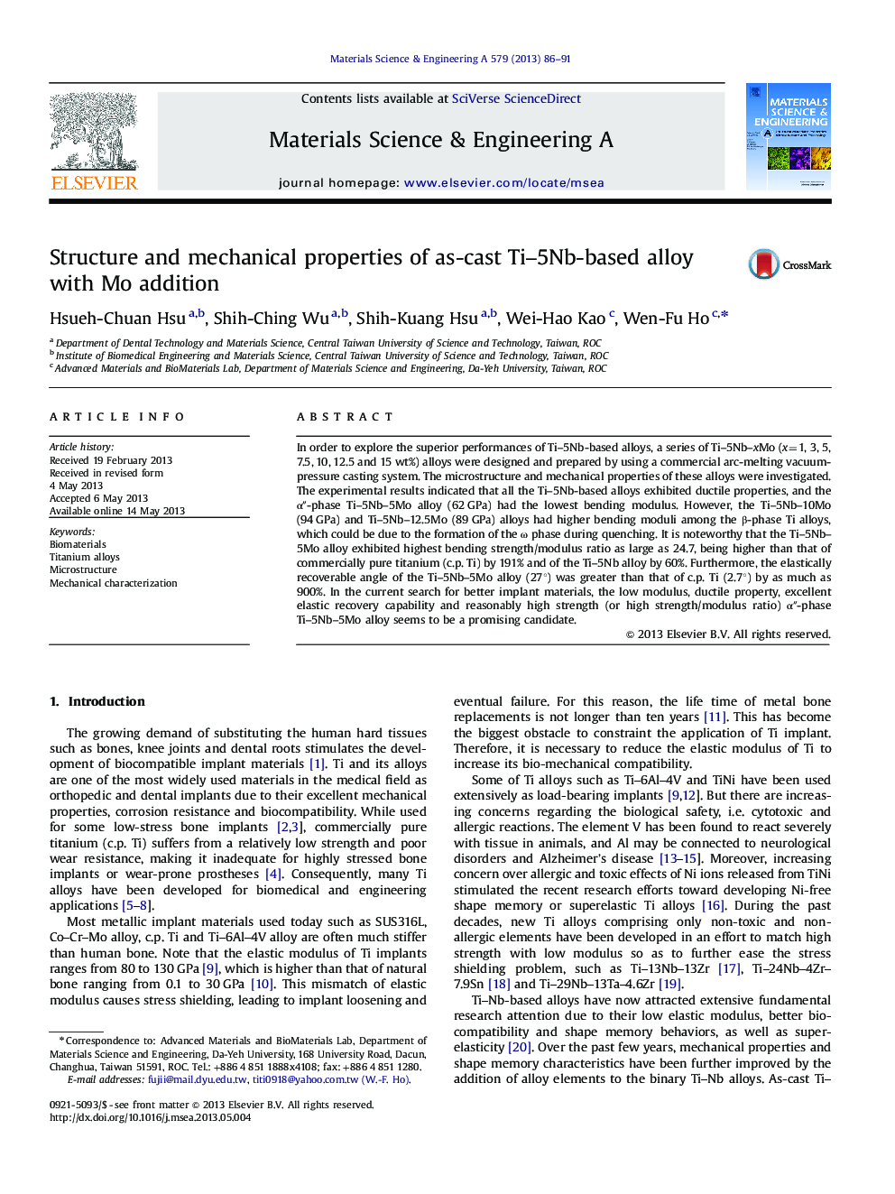 Structure and mechanical properties of as-cast Ti–5Nb-based alloy with Mo addition