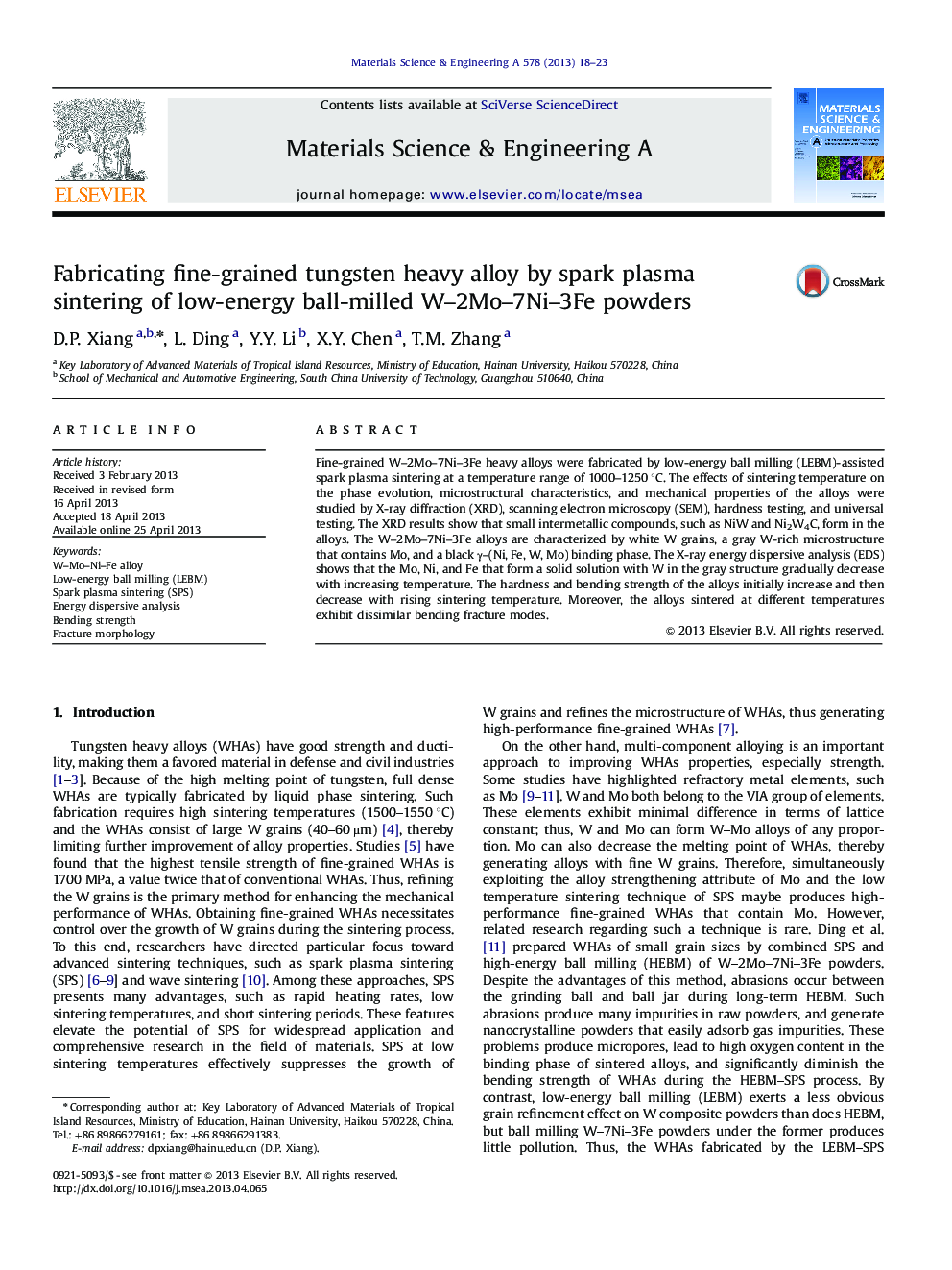 Fabricating fine-grained tungsten heavy alloy by spark plasma sintering of low-energy ball-milled W-2Mo-7Ni-3Fe powders