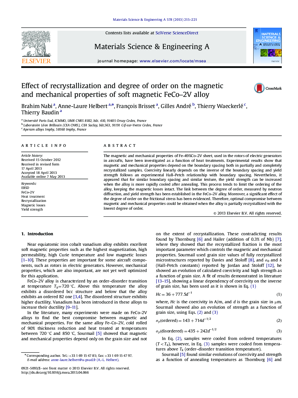 Effect of recrystallization and degree of order on the magnetic and mechanical properties of soft magnetic FeCo-2V alloy