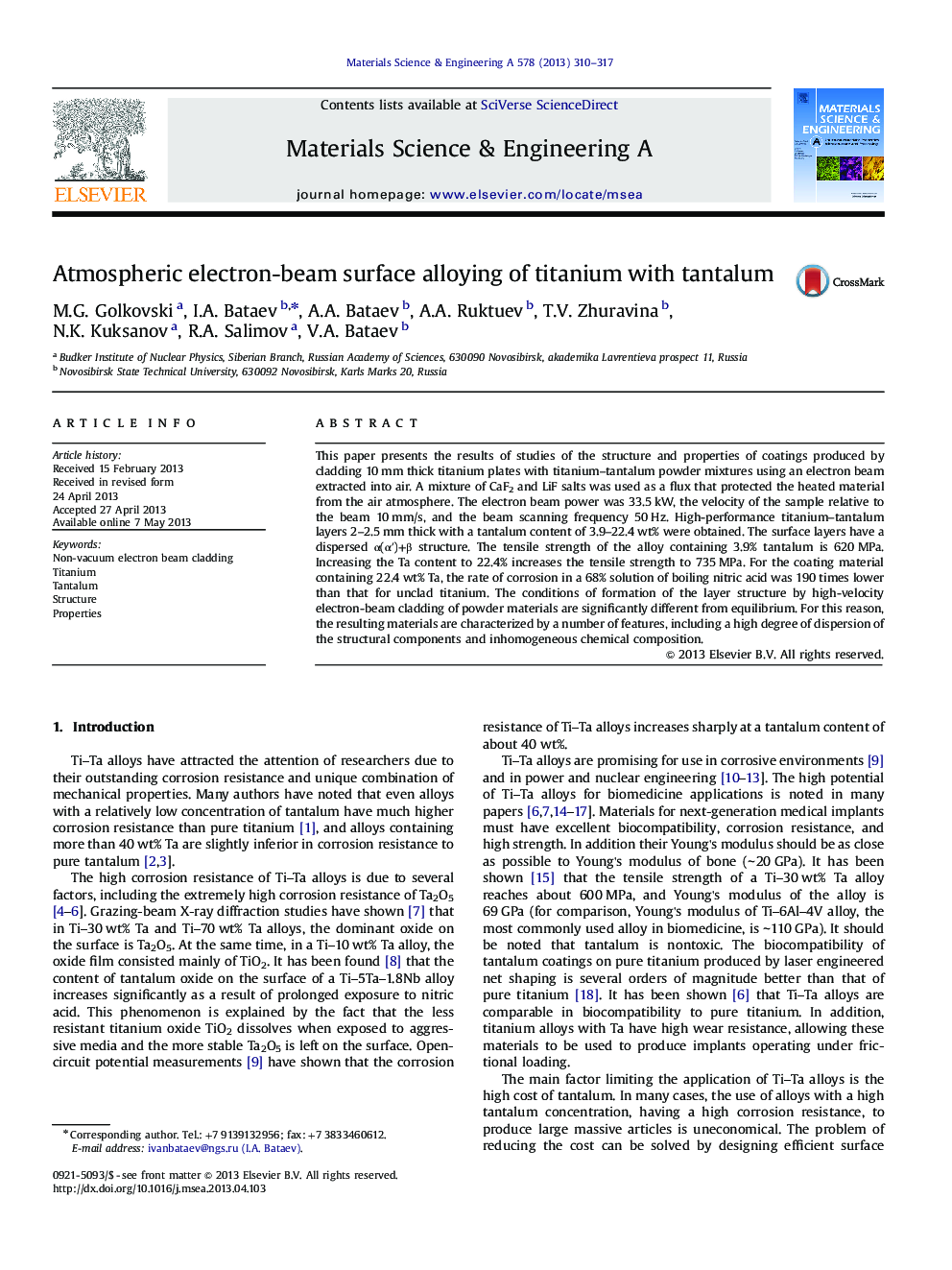 Atmospheric electron-beam surface alloying of titanium with tantalum