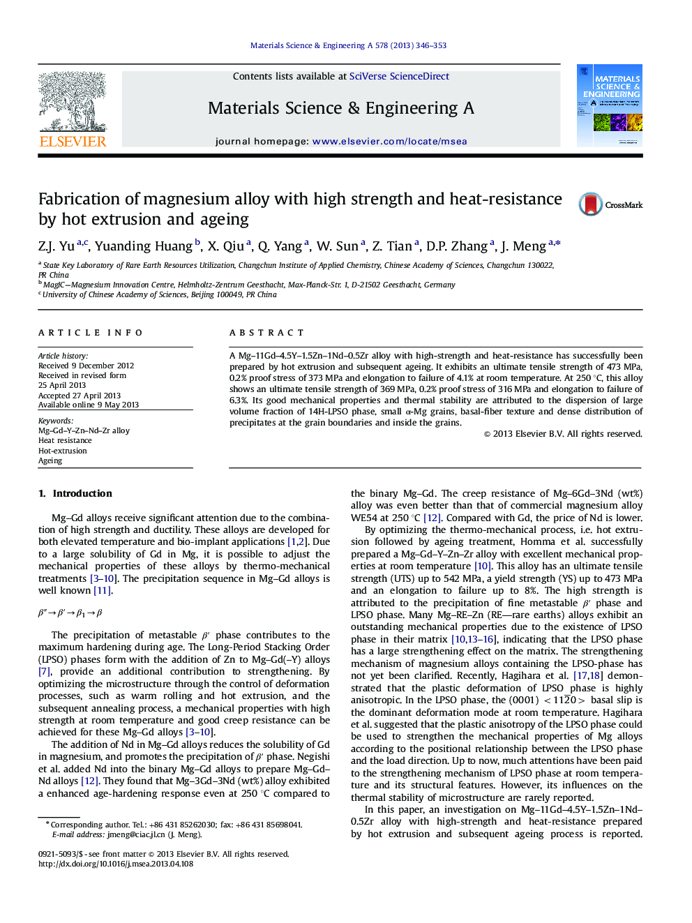 Fabrication of magnesium alloy with high strength and heat-resistance by hot extrusion and ageing