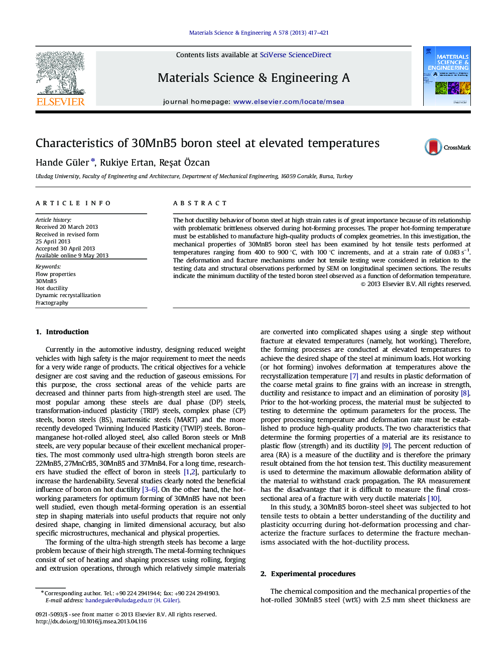 Characteristics of 30MnB5 boron steel at elevated temperatures