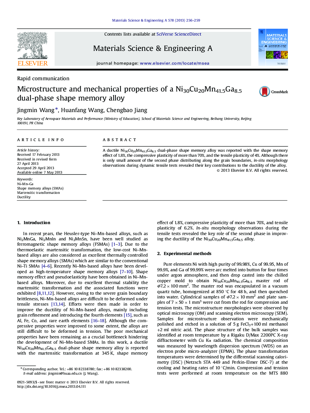 Microstructure and mechanical properties of a Ni30Cu20Mn41.5Ga8.5 dual-phase shape memory alloy