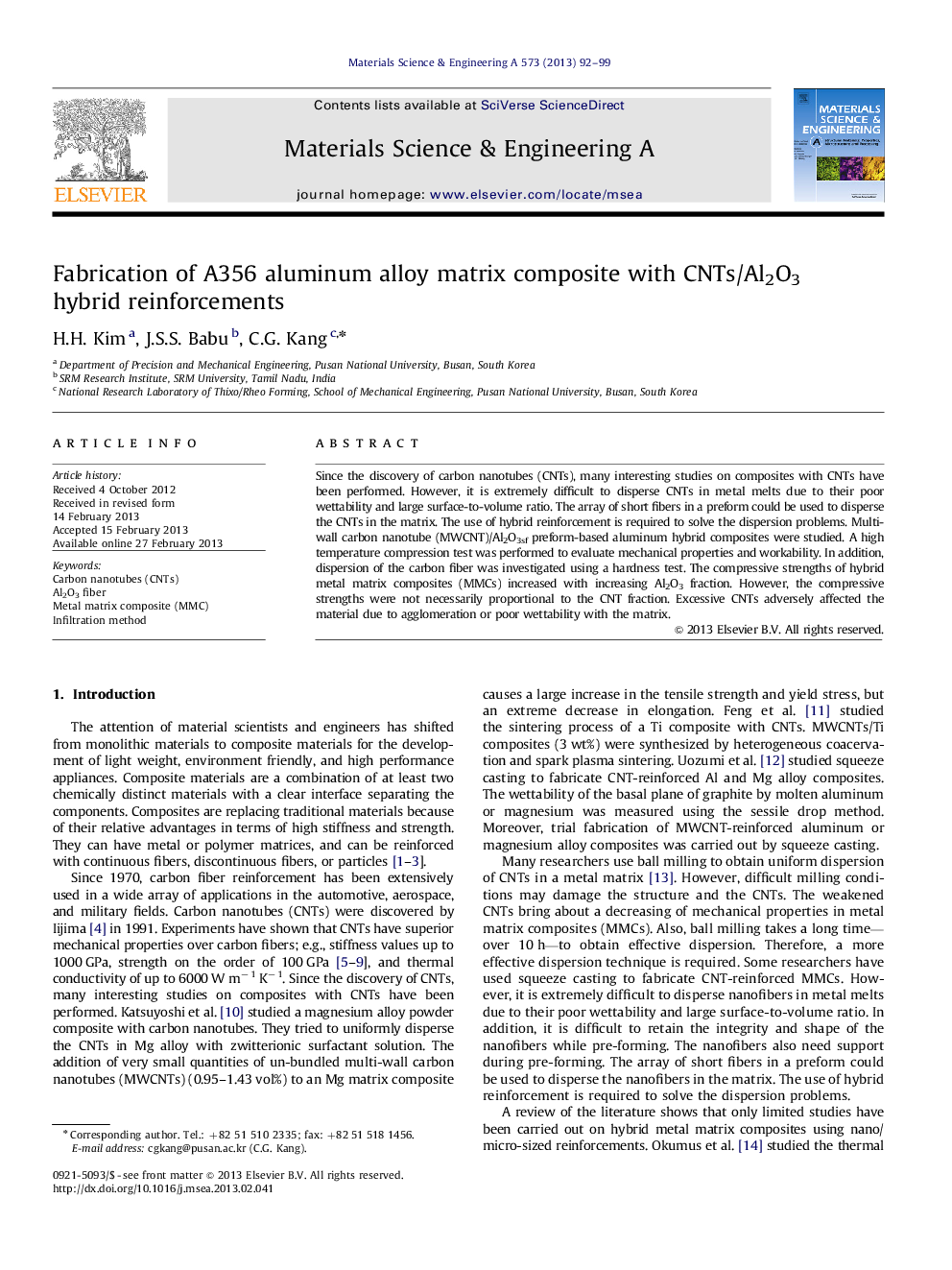 Fabrication of A356 aluminum alloy matrix composite with CNTs/Al2O3 hybrid reinforcements