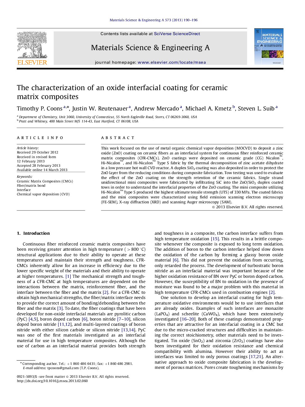 The characterization of an oxide interfacial coating for ceramic matrix composites