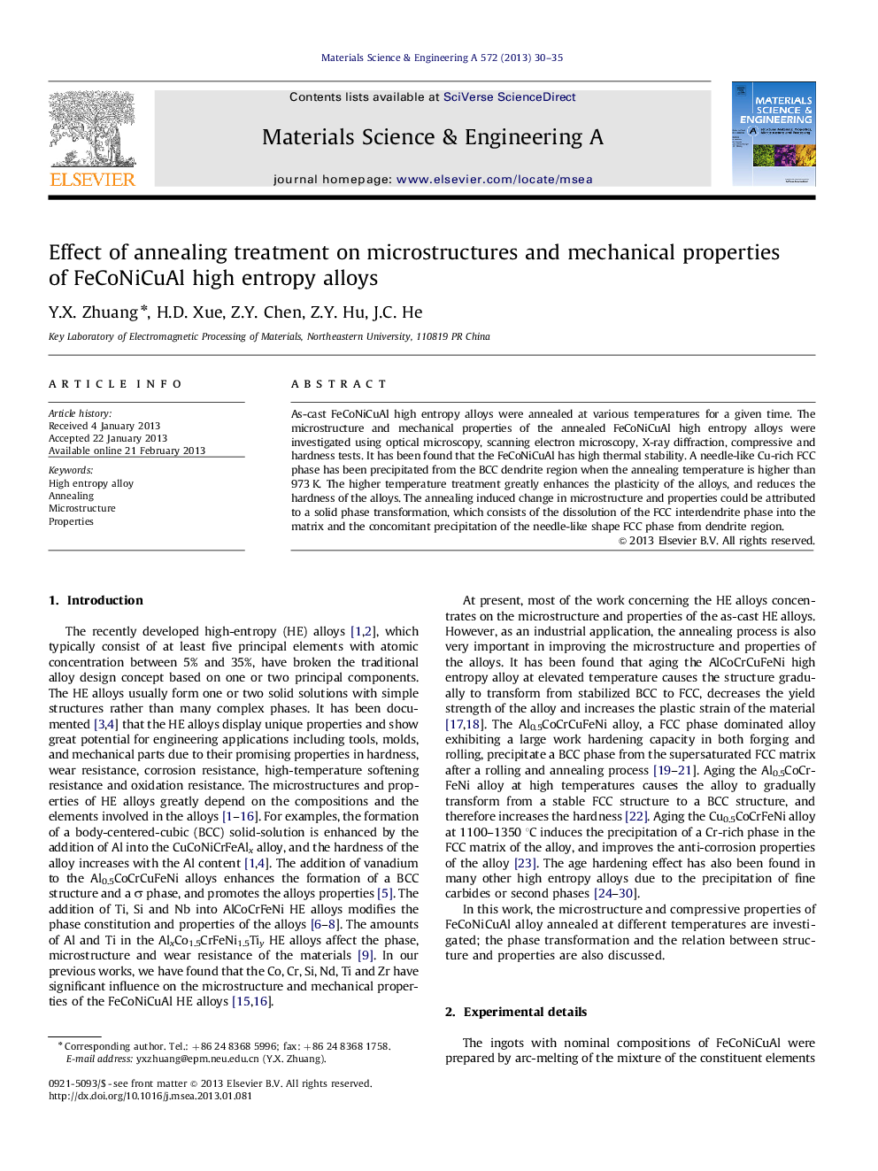 Effect of annealing treatment on microstructures and mechanical properties of FeCoNiCuAl high entropy alloys