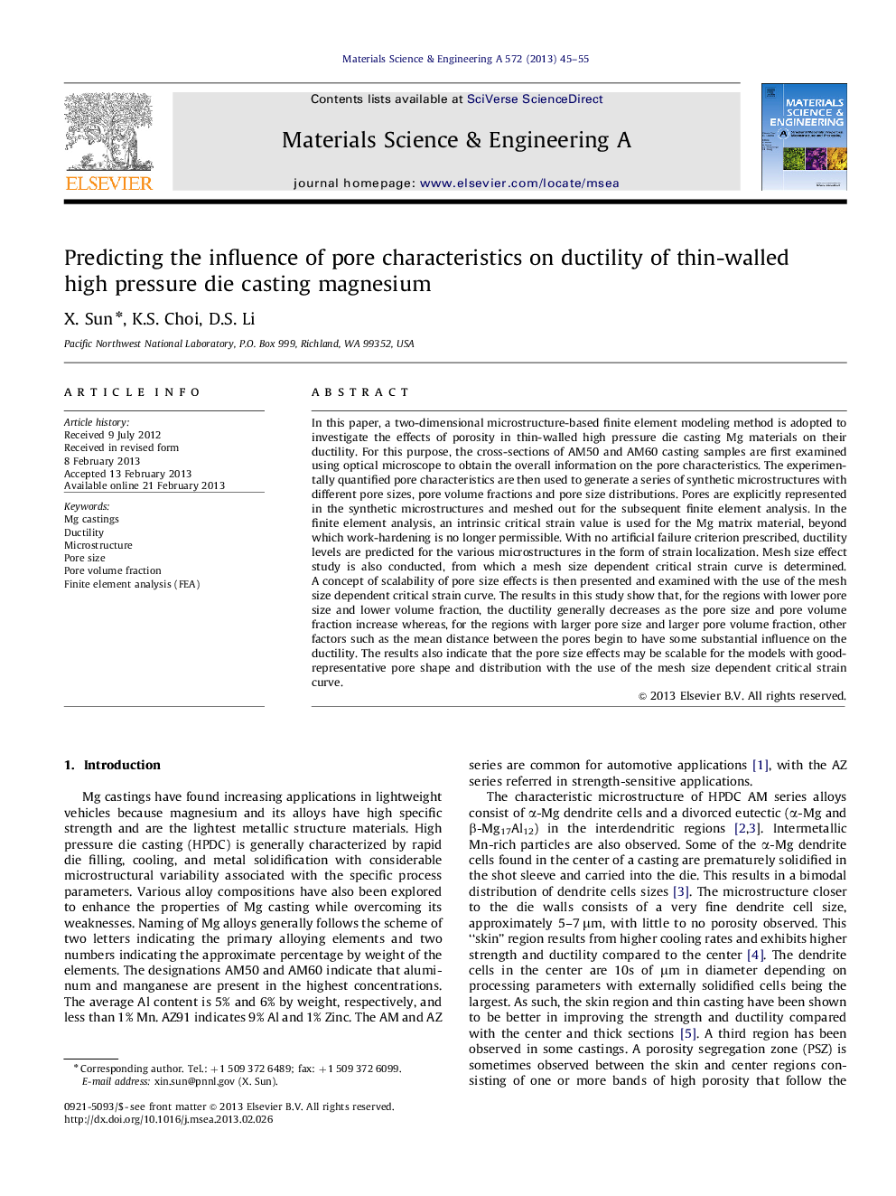 Predicting the influence of pore characteristics on ductility of thin-walled high pressure die casting magnesium