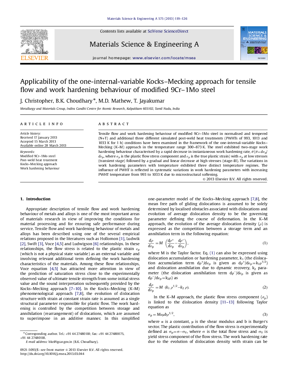 Applicability of the one-internal-variable Kocks-Mecking approach for tensile flow and work hardening behaviour of modified 9Cr-1Mo steel