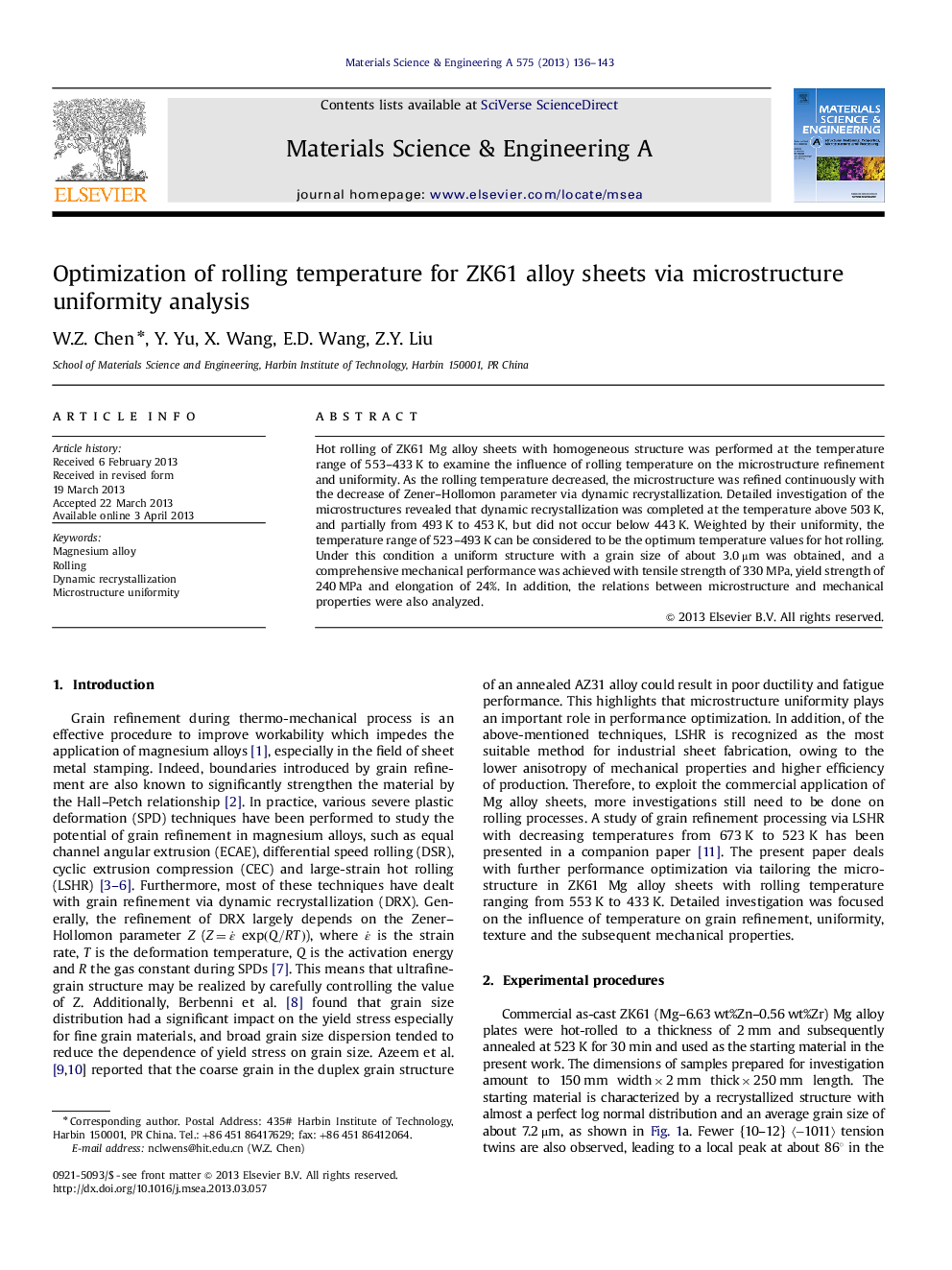 Optimization of rolling temperature for ZK61 alloy sheets via microstructure uniformity analysis