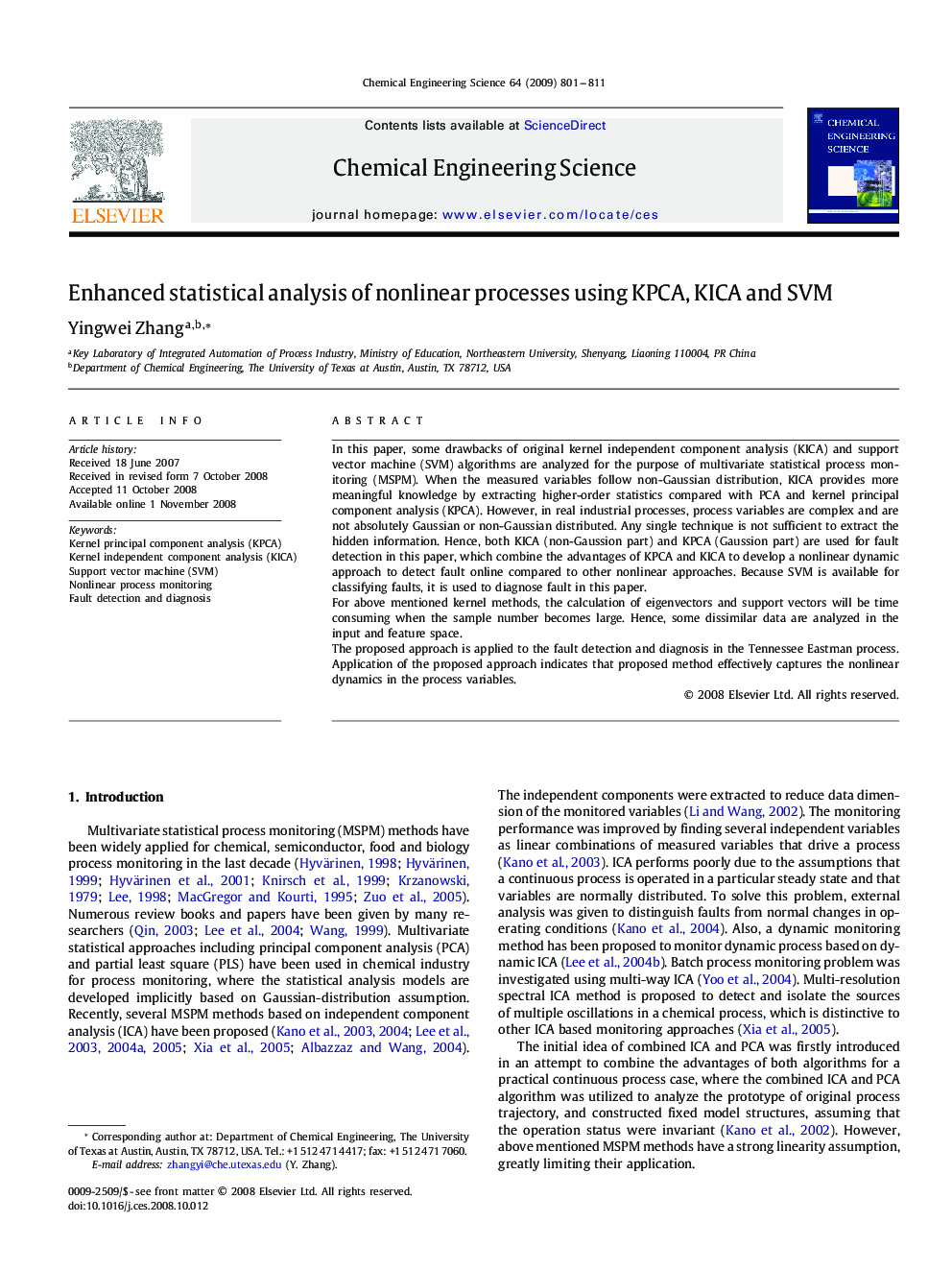 Enhanced statistical analysis of nonlinear processes using KPCA, KICA and SVM