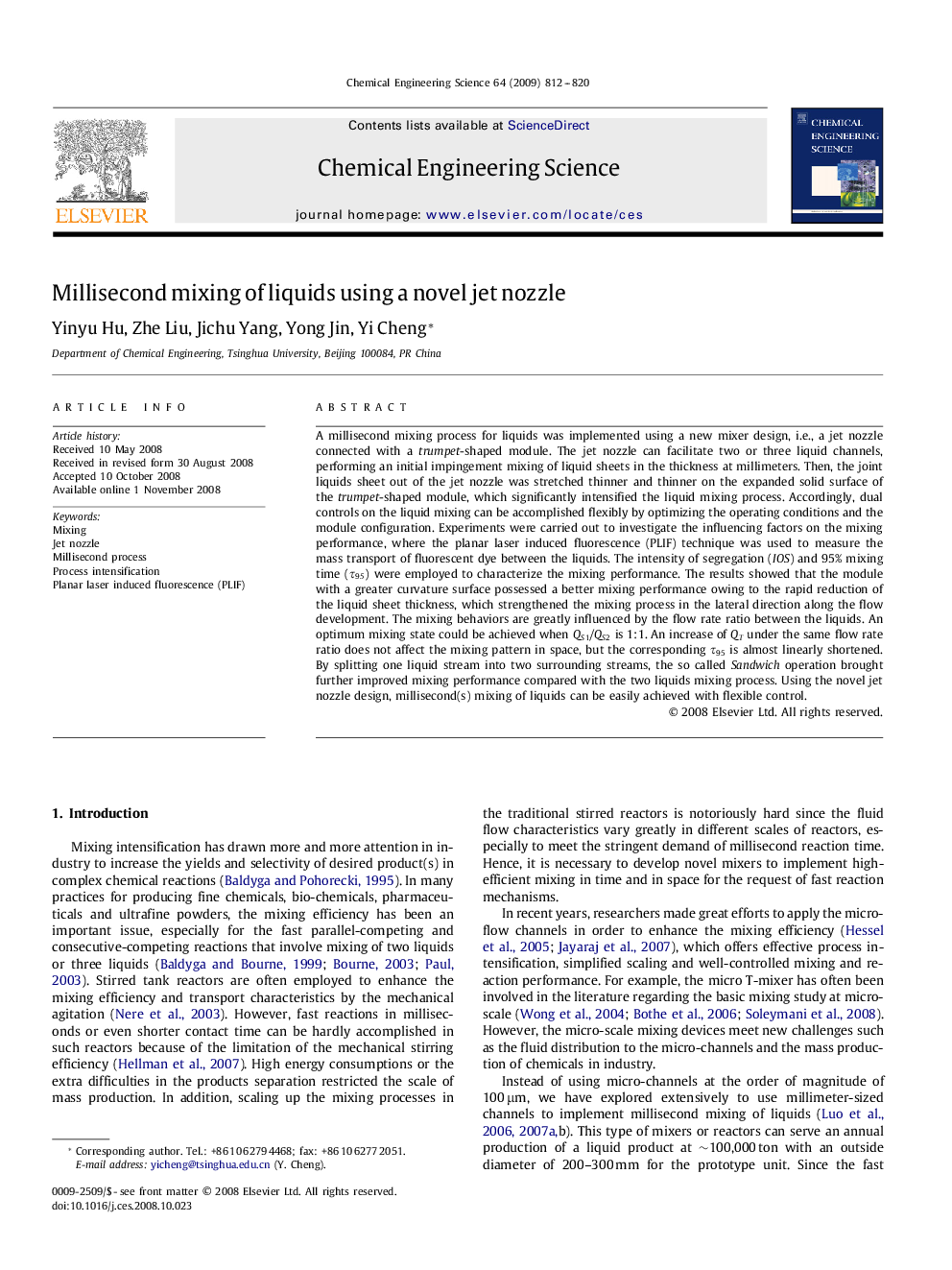 Millisecond mixing of liquids using a novel jet nozzle