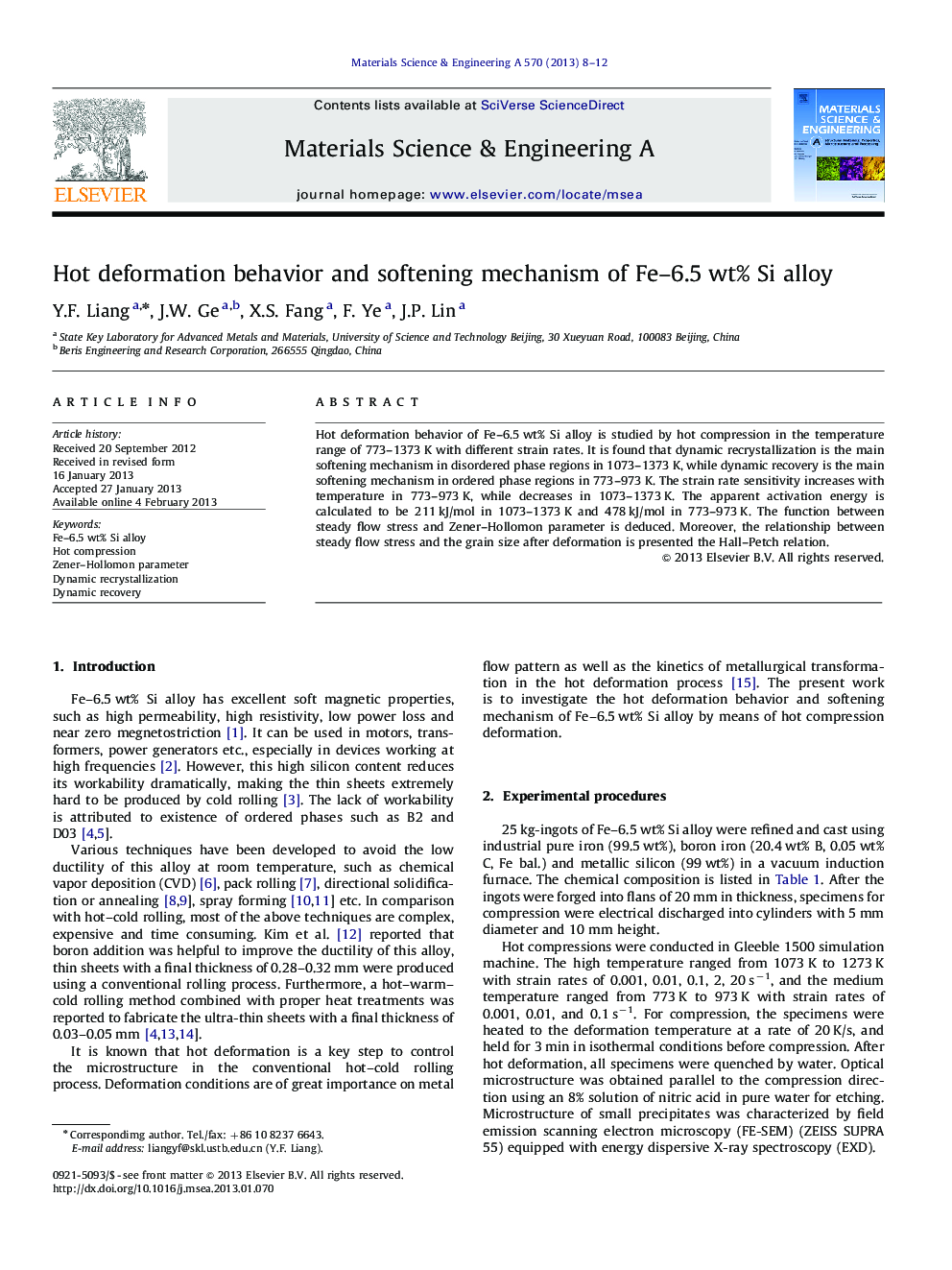 Hot deformation behavior and softening mechanism of Fe-6.5Â wt% Si alloy