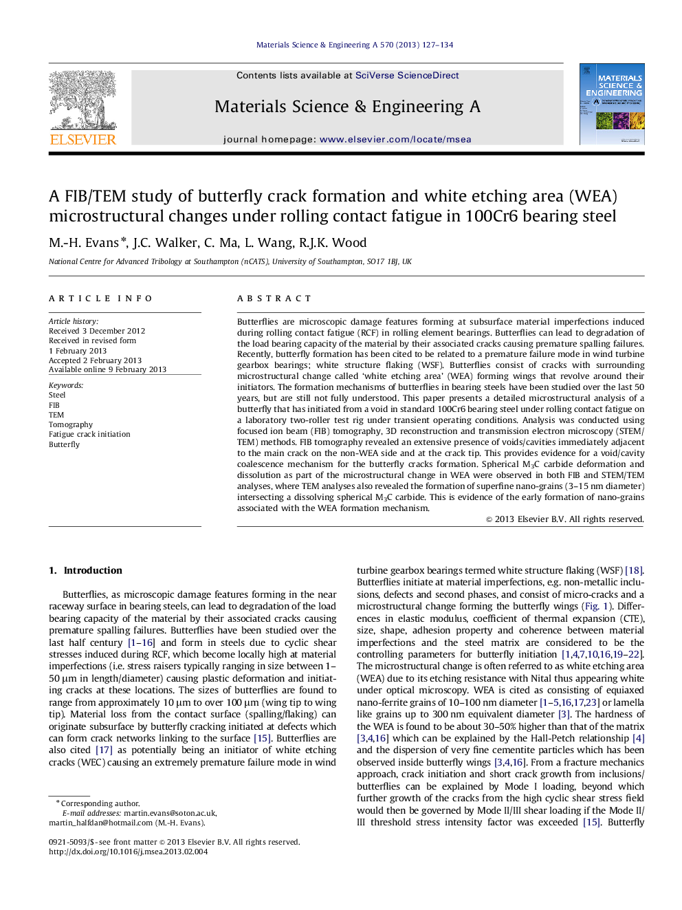 A FIB/TEM study of butterfly crack formation and white etching area (WEA) microstructural changes under rolling contact fatigue in 100Cr6 bearing steel