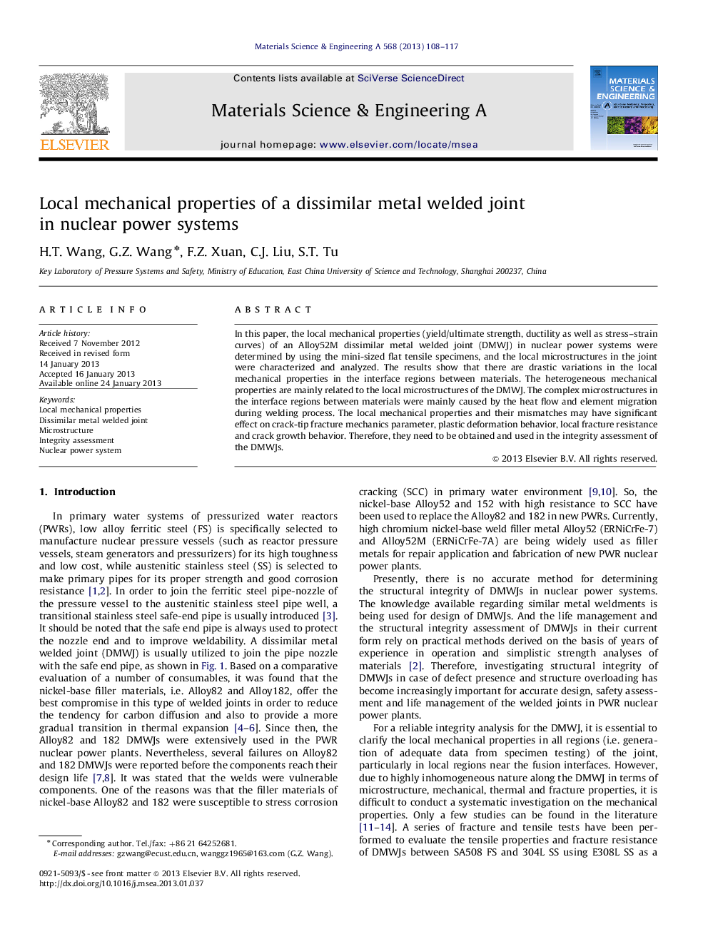عکس صفحه اول مقاله: Local mechanical properties of a dissimilar metal welded joint in nuclear powersystems Local mechanical properties of a dissimilar metal welded joint in nuclear powersystems