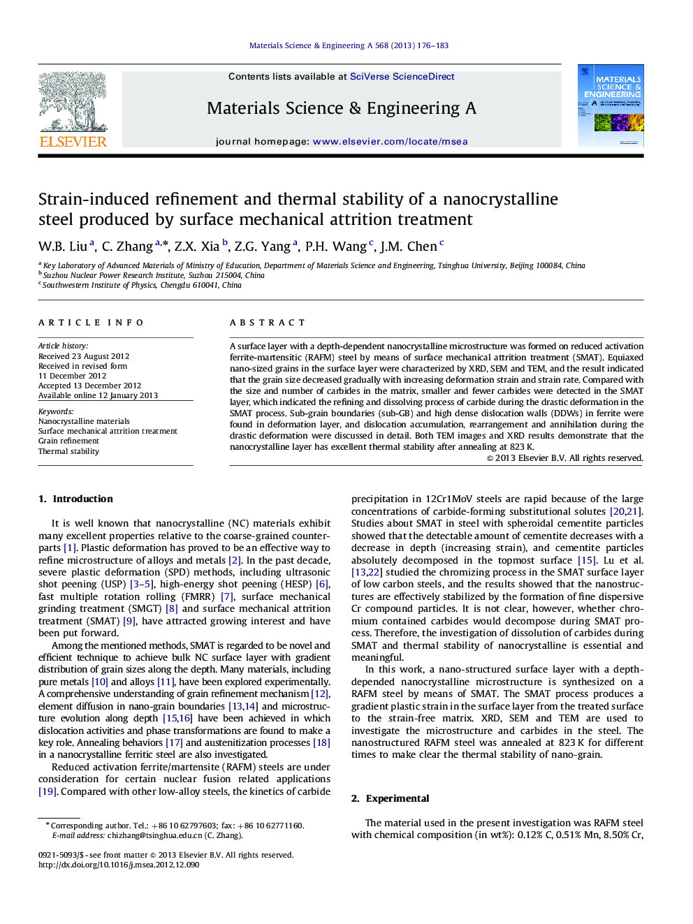 Strain-induced refinement and thermal stability of a nanocrystalline steel produced by surface mechanical attritiontreatment