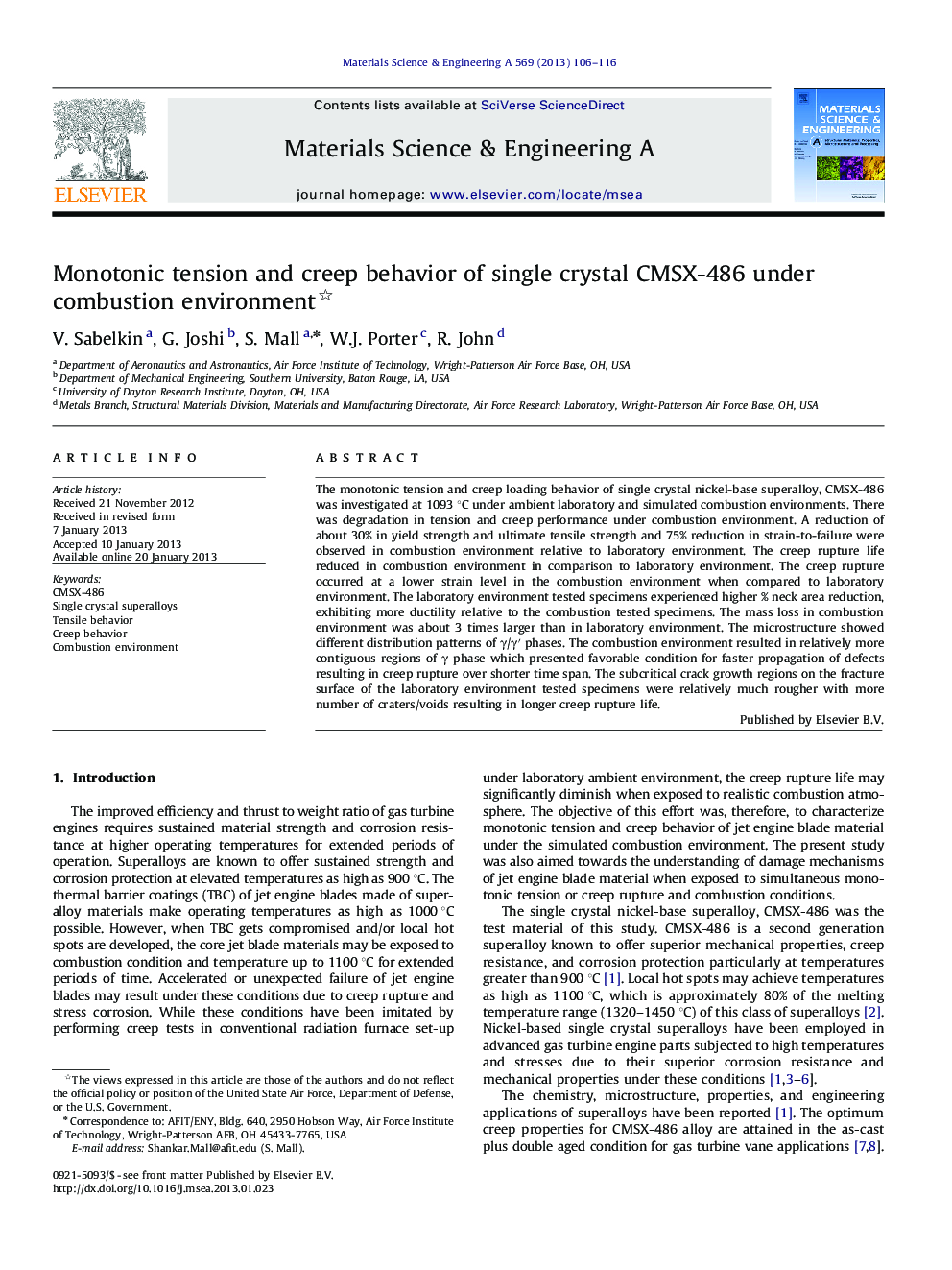 Monotonic tension and creep behavior of single crystal CMSX-486 under combustion environment