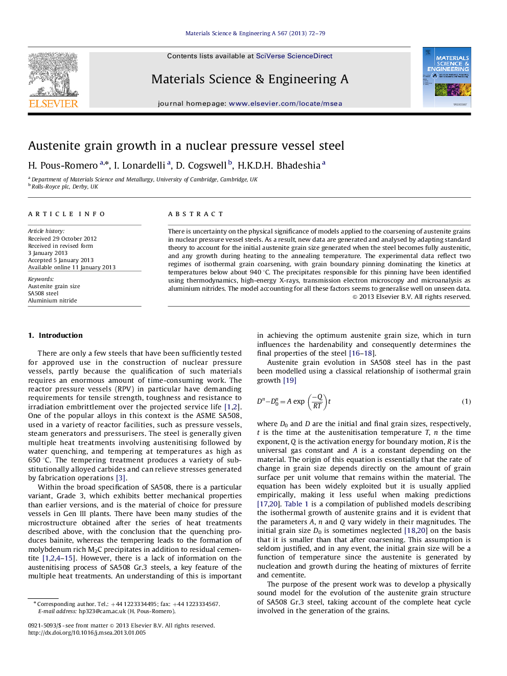 Austenite grain growth in a nuclear pressure vessel steel