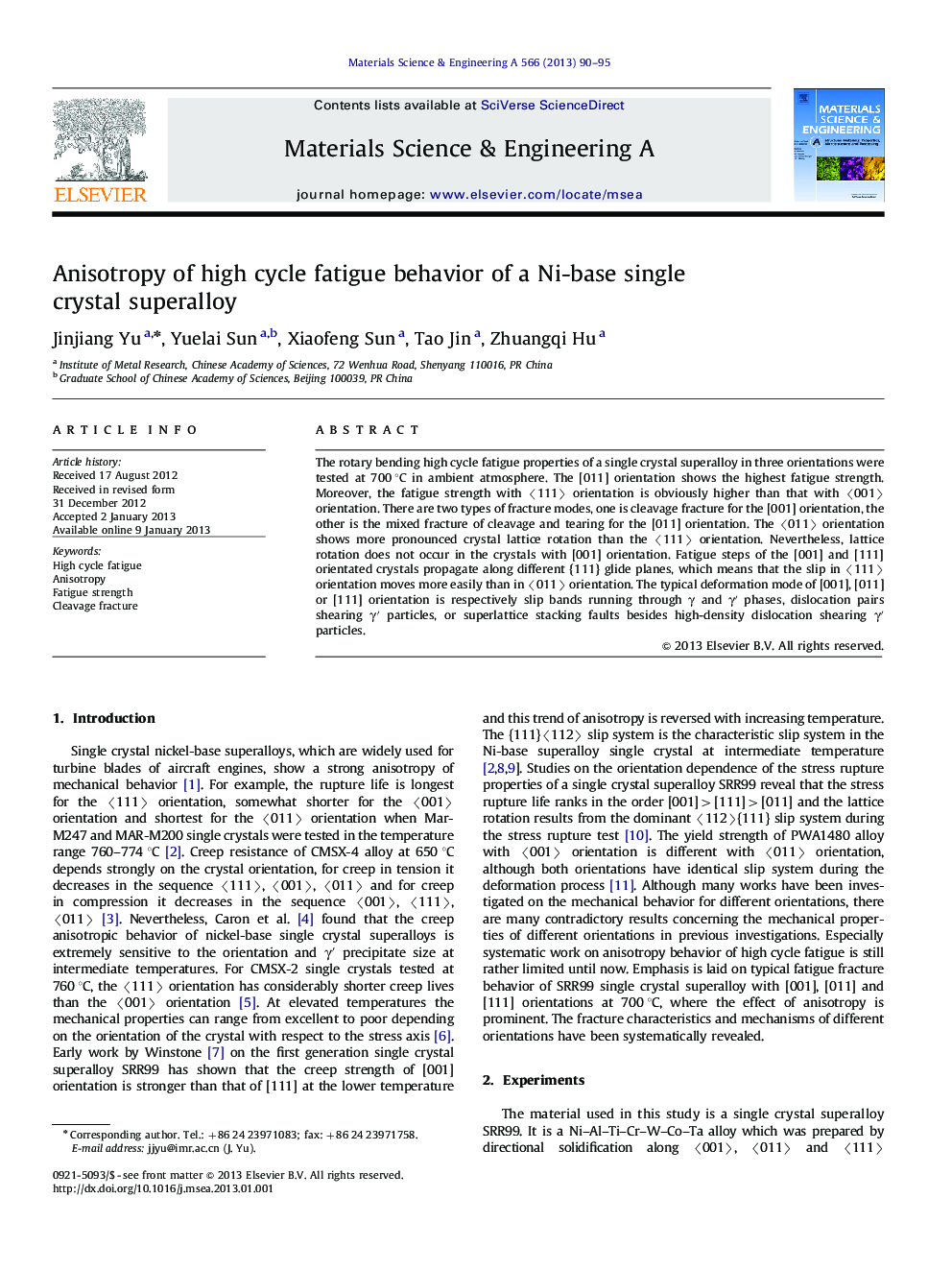 Anisotropy of high cycle fatigue behavior of a Ni-base single crystal superalloy