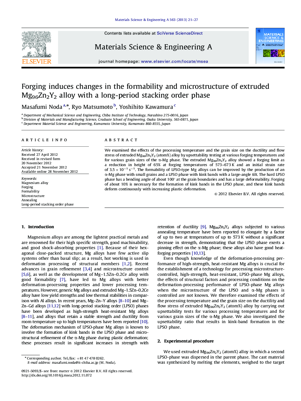 Forging induces changes in the formability and microstructure of extruded Mg96Zn2Y2 alloy with a long-period stacking order phase