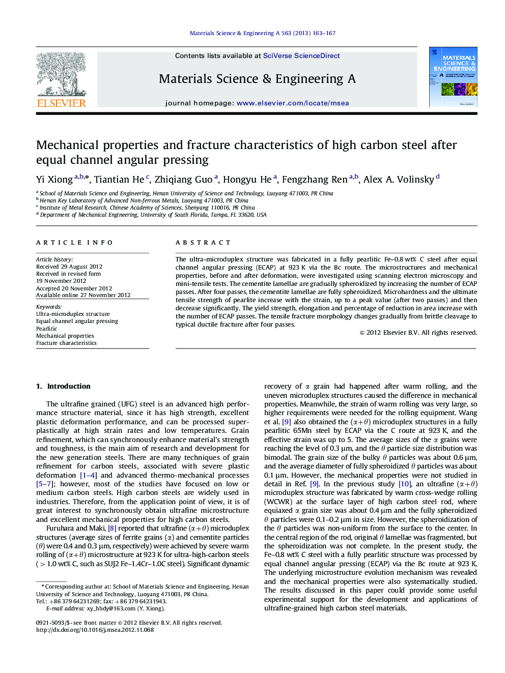 Mechanical properties and fracture characteristics of high carbon steel after equal channel angular pressing