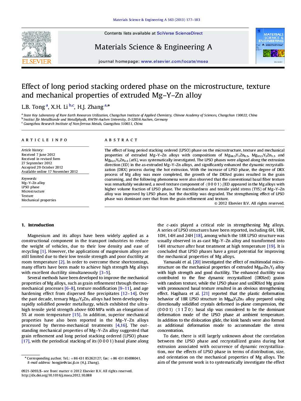 Effect of long period stacking ordered phase on the microstructure, texture and mechanical properties of extruded Mg-Y-Zn alloy