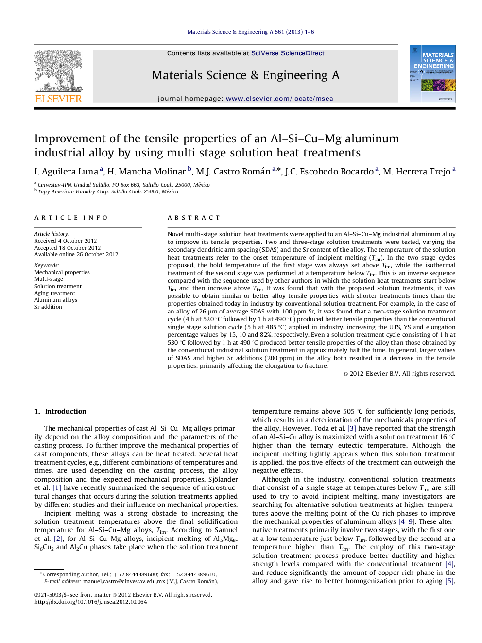 Improvement of the tensile properties of an Al–Si–Cu–Mg aluminum industrial alloy by using multi stage solution heat treatments