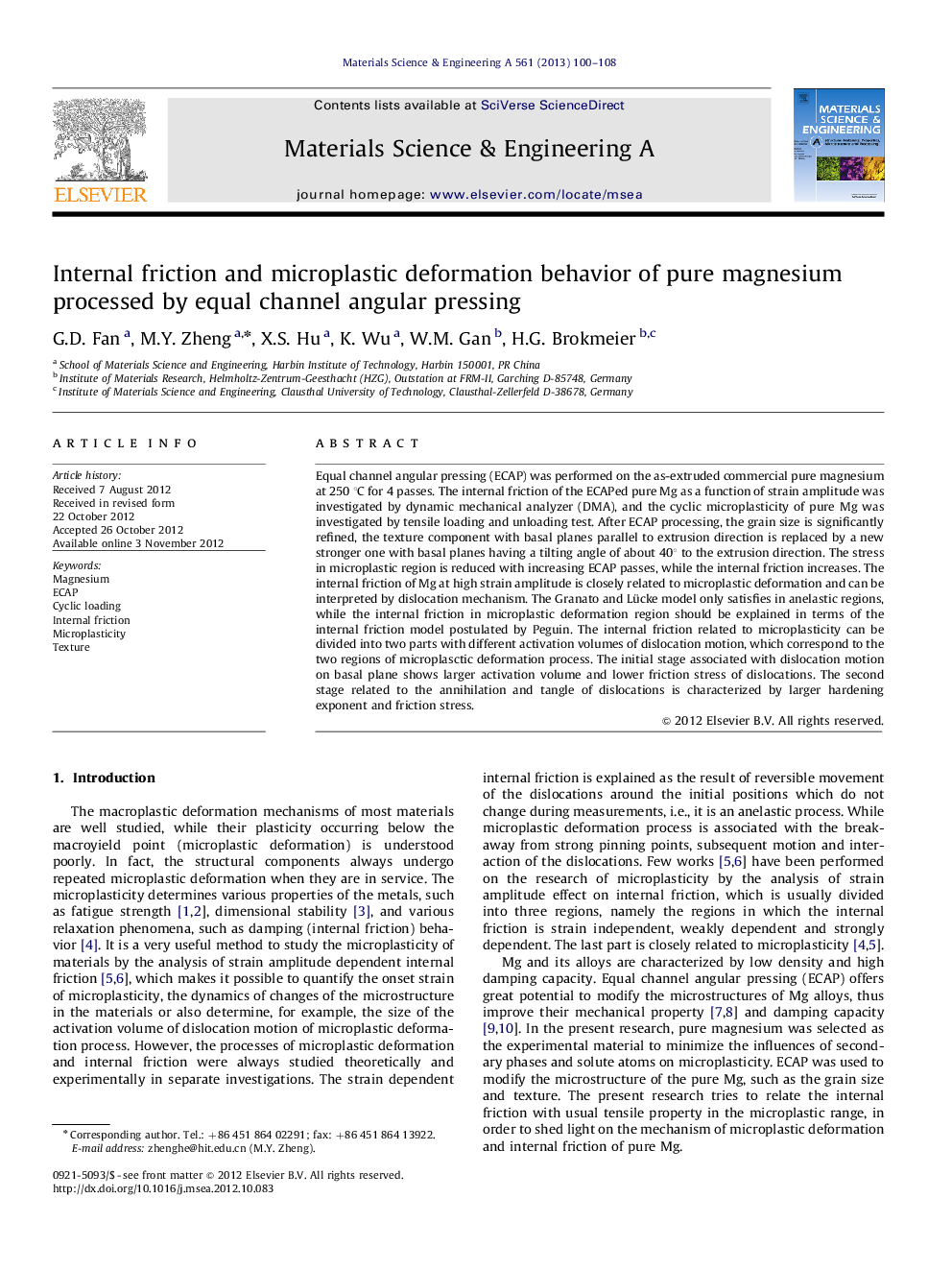 Internal friction and microplastic deformation behavior of pure magnesium processed by equal channel angular pressing