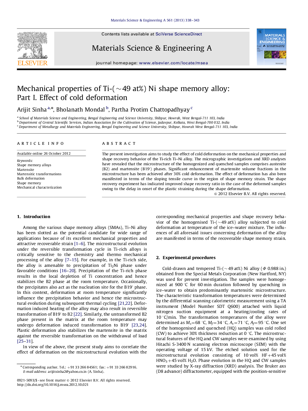 Mechanical properties of Ti-(â¼49Â at%) Ni shape memory alloy: Part I. Effect of cold deformation