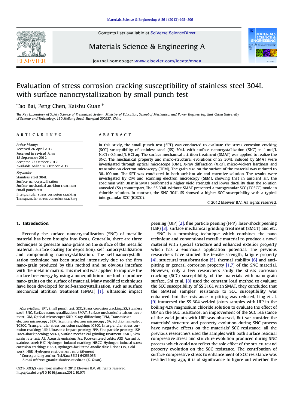 Evaluation of stress corrosion cracking susceptibility of stainless steel 304L with surface nanocrystallization by small punch test