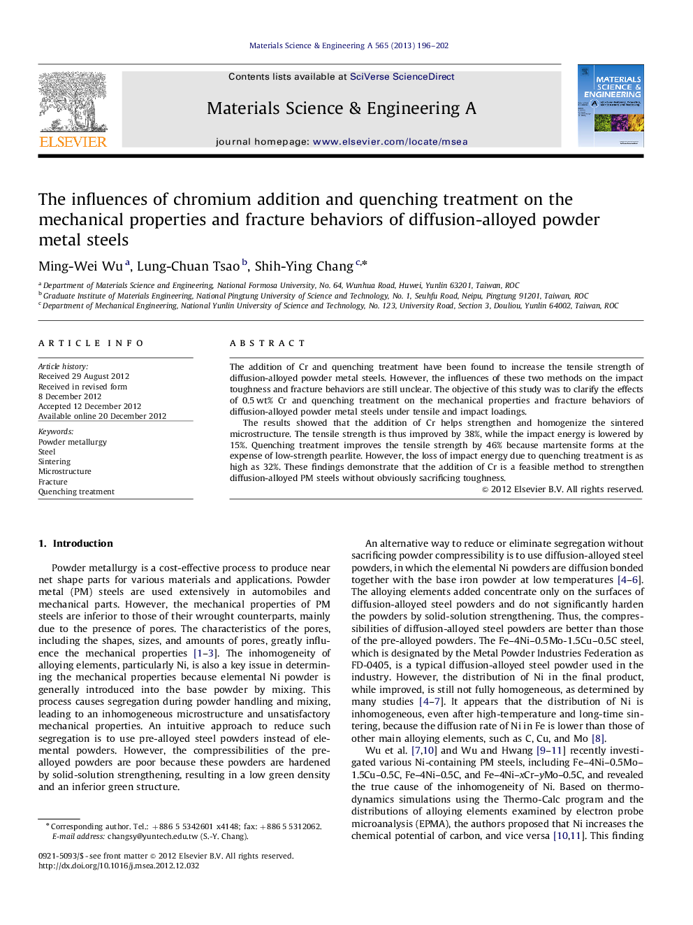 The influences of chromium addition and quenching treatment on the mechanical properties and fracture behaviors of diffusion-alloyed powder metal steels