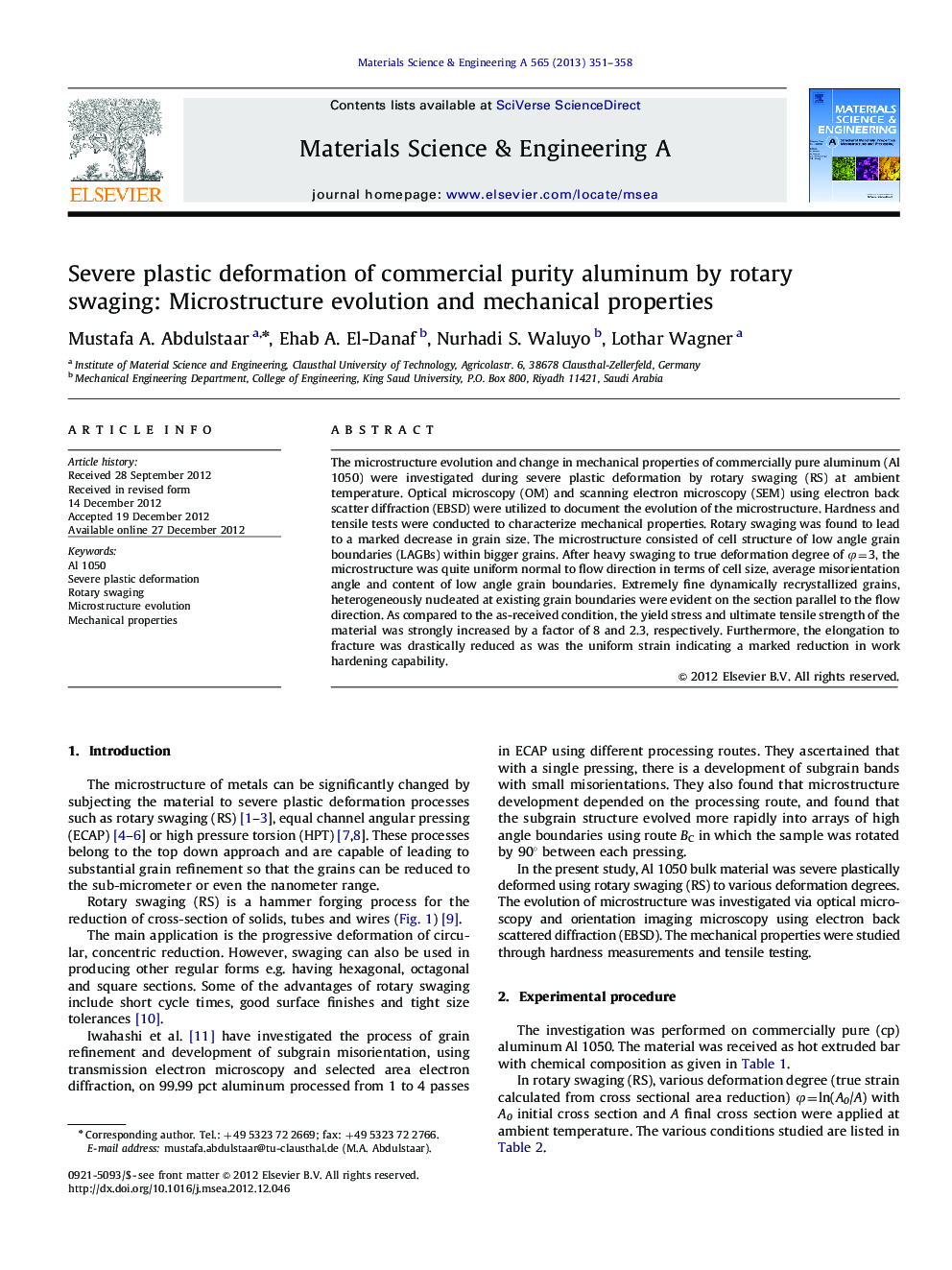 Severe plastic deformation of commercial purity aluminum by rotary swaging: Microstructure evolution and mechanical properties