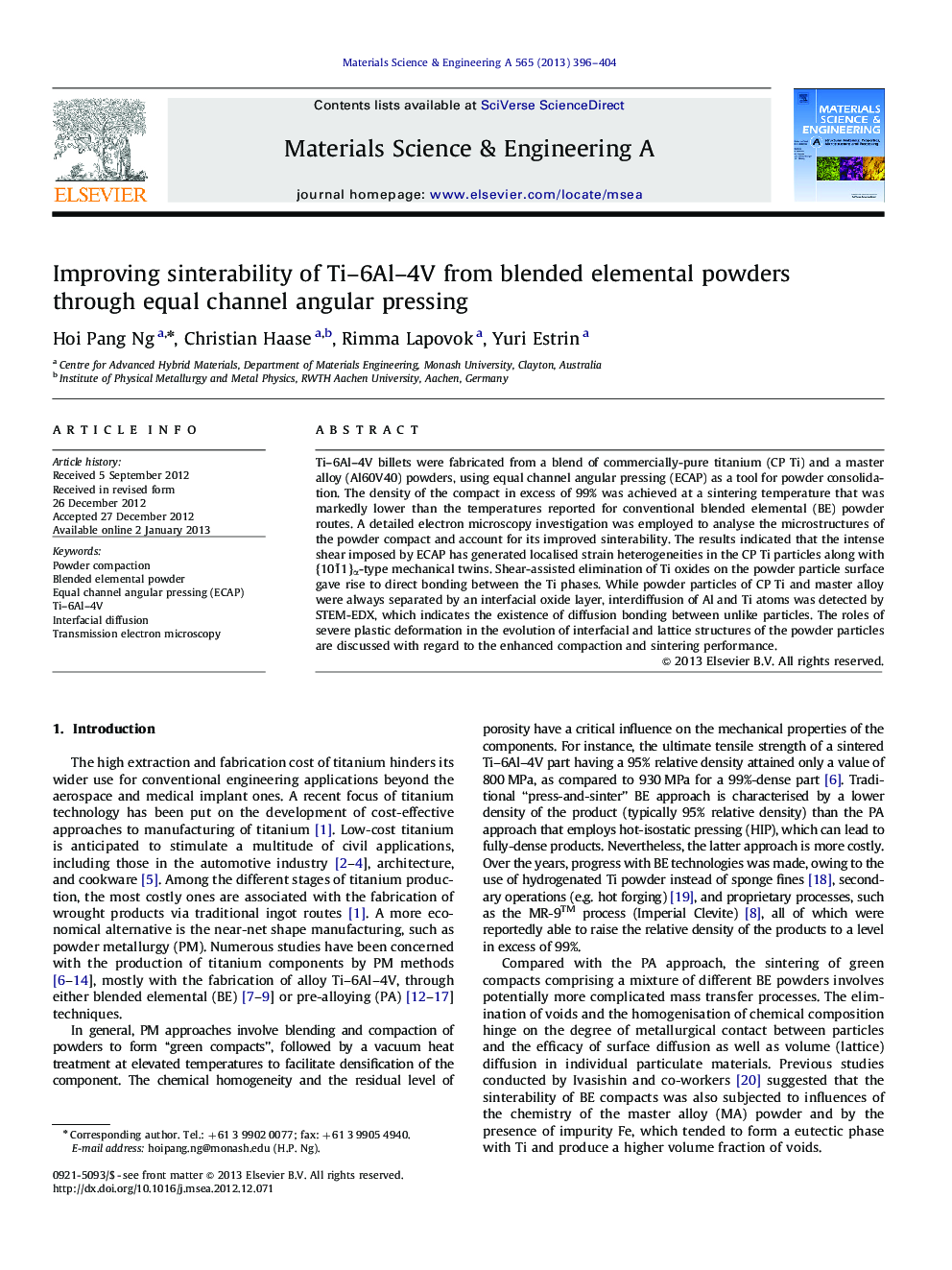 Improving sinterability of Ti-6Al-4V from blended elemental powders through equal channel angular pressing