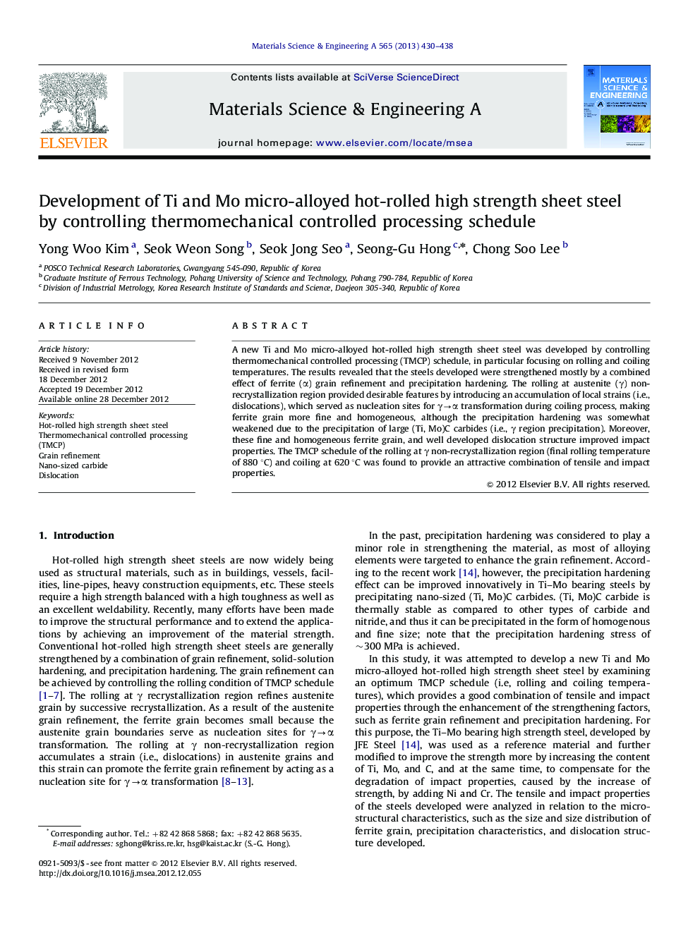 Development of Ti and Mo micro-alloyed hot-rolled high strength sheet steel by controlling thermomechanical controlled processing schedule