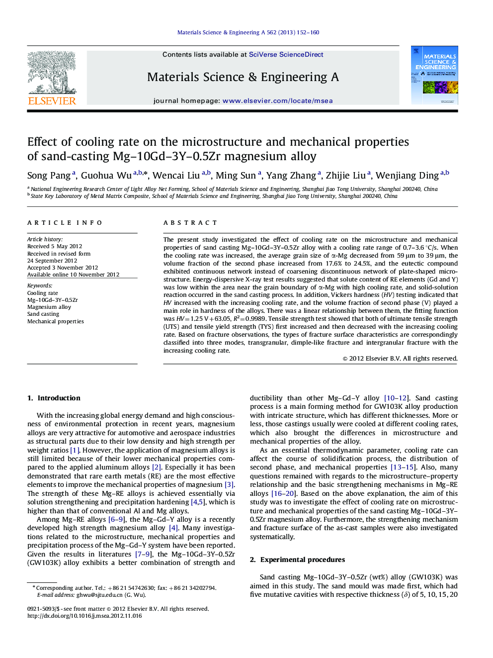 Effect of cooling rate on the microstructure and mechanical properties of sand-casting Mg-10Gd-3Y-0.5Zr magnesium alloy