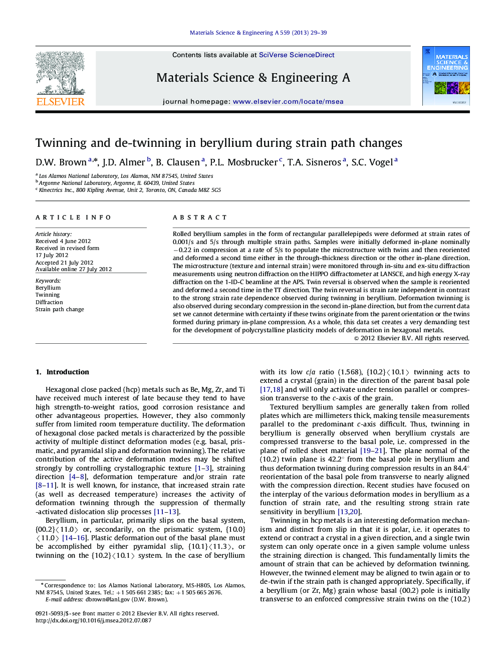 Twinning and de-twinning in beryllium during strain path changes