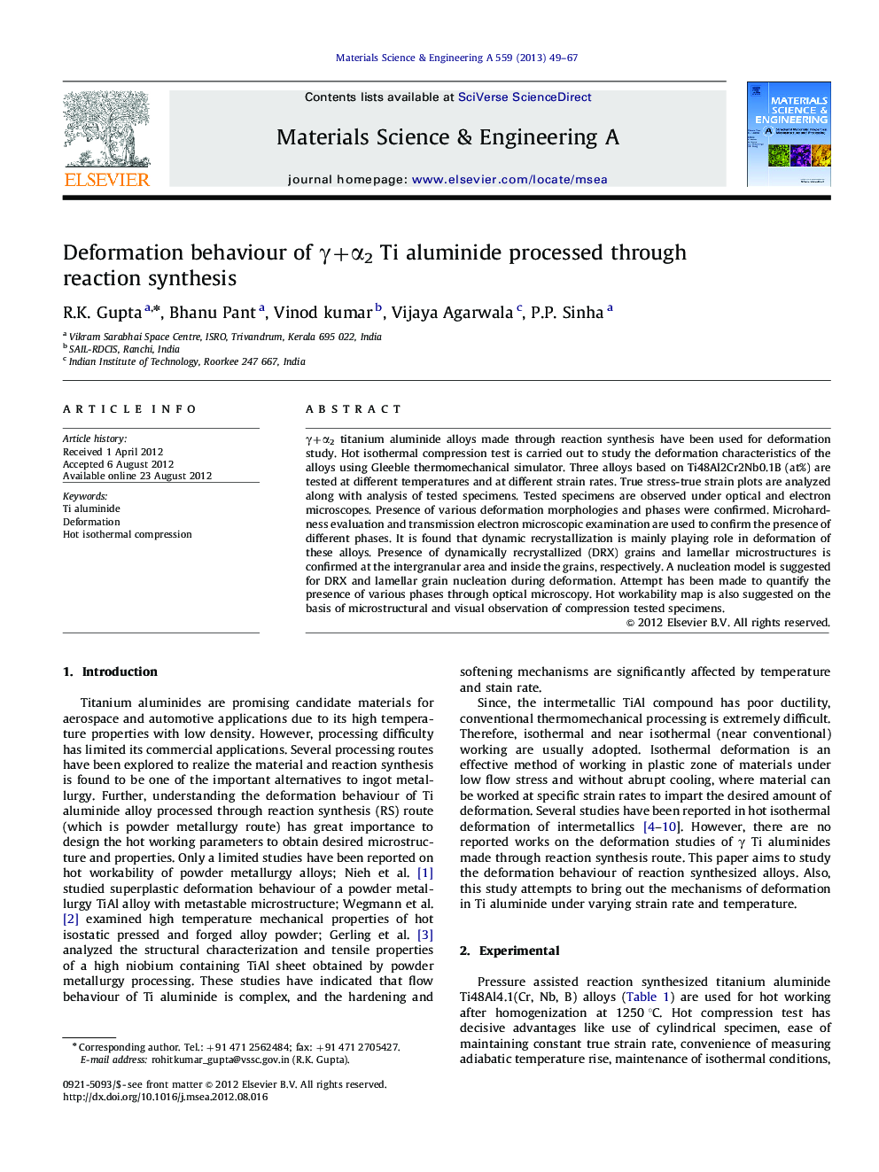 Deformation behaviour of Î³+Î±2 Ti aluminide processed through reaction synthesis