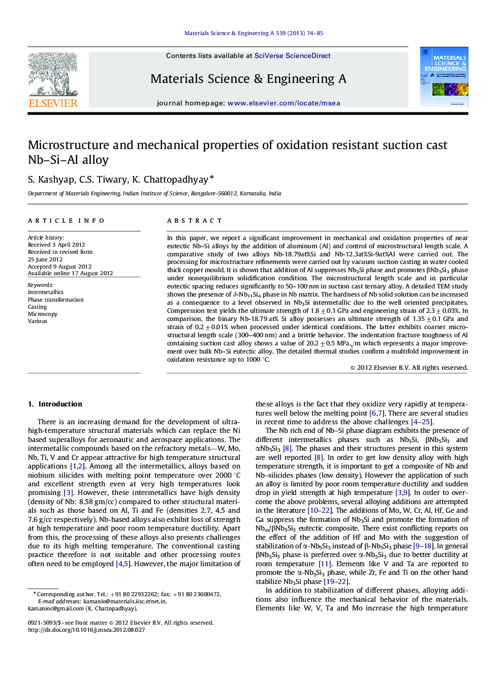 Microstructure and mechanical properties of oxidation resistant suction cast Nb-Si-Al alloy