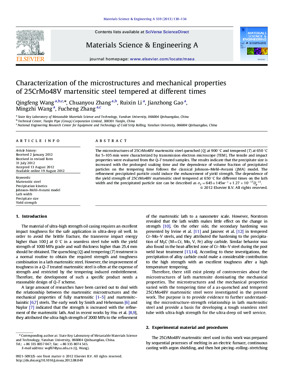 Characterization of the microstructures and mechanical properties of 25CrMo48V martensitic steel tempered at different times