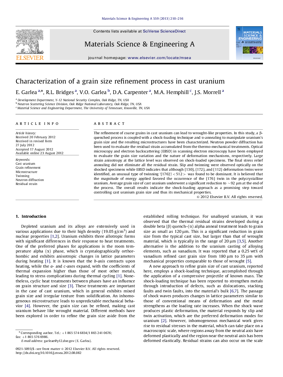 Characterization of a grain size refinement process in cast uranium