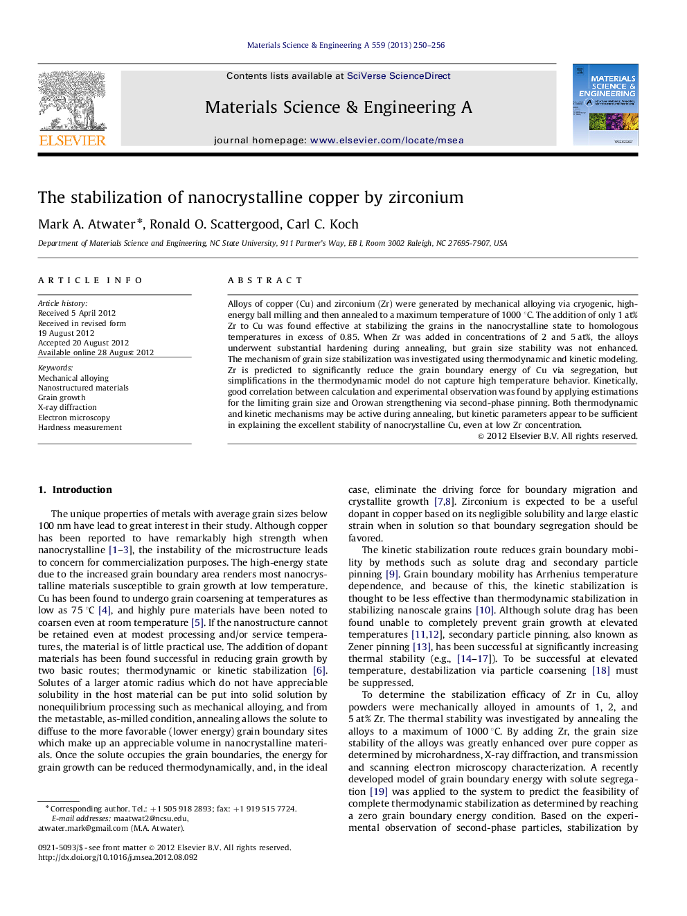 The stabilization of nanocrystalline copper by zirconium