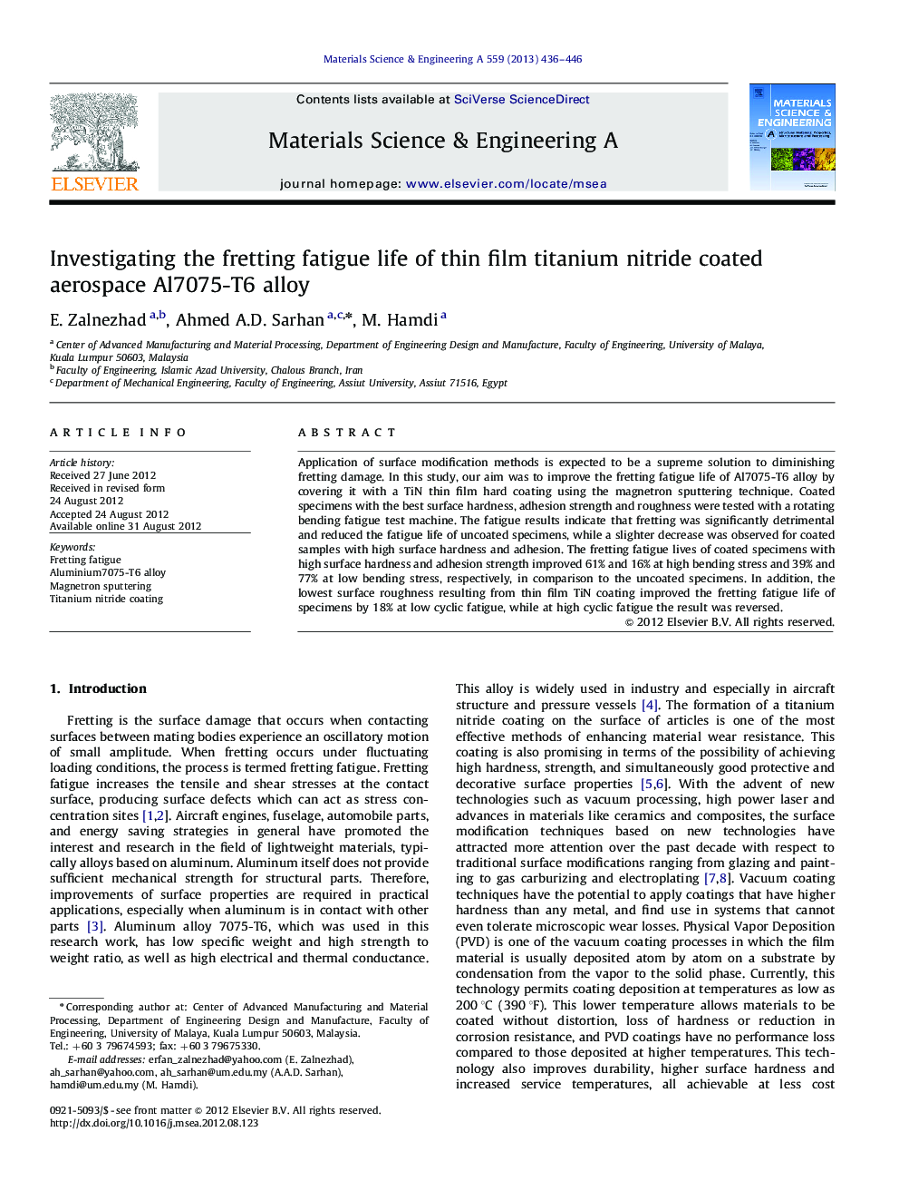 Investigating the fretting fatigue life of thin film titanium nitride coated aerospace Al7075-T6 alloy