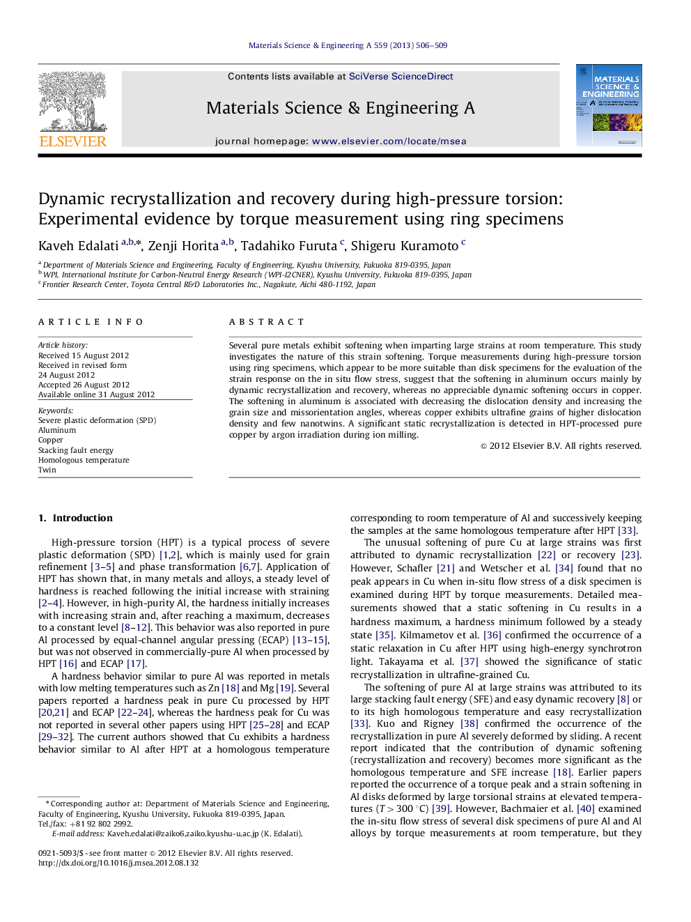 Dynamic recrystallization and recovery during high-pressure torsion: Experimental evidence by torque measurement using ring specimens