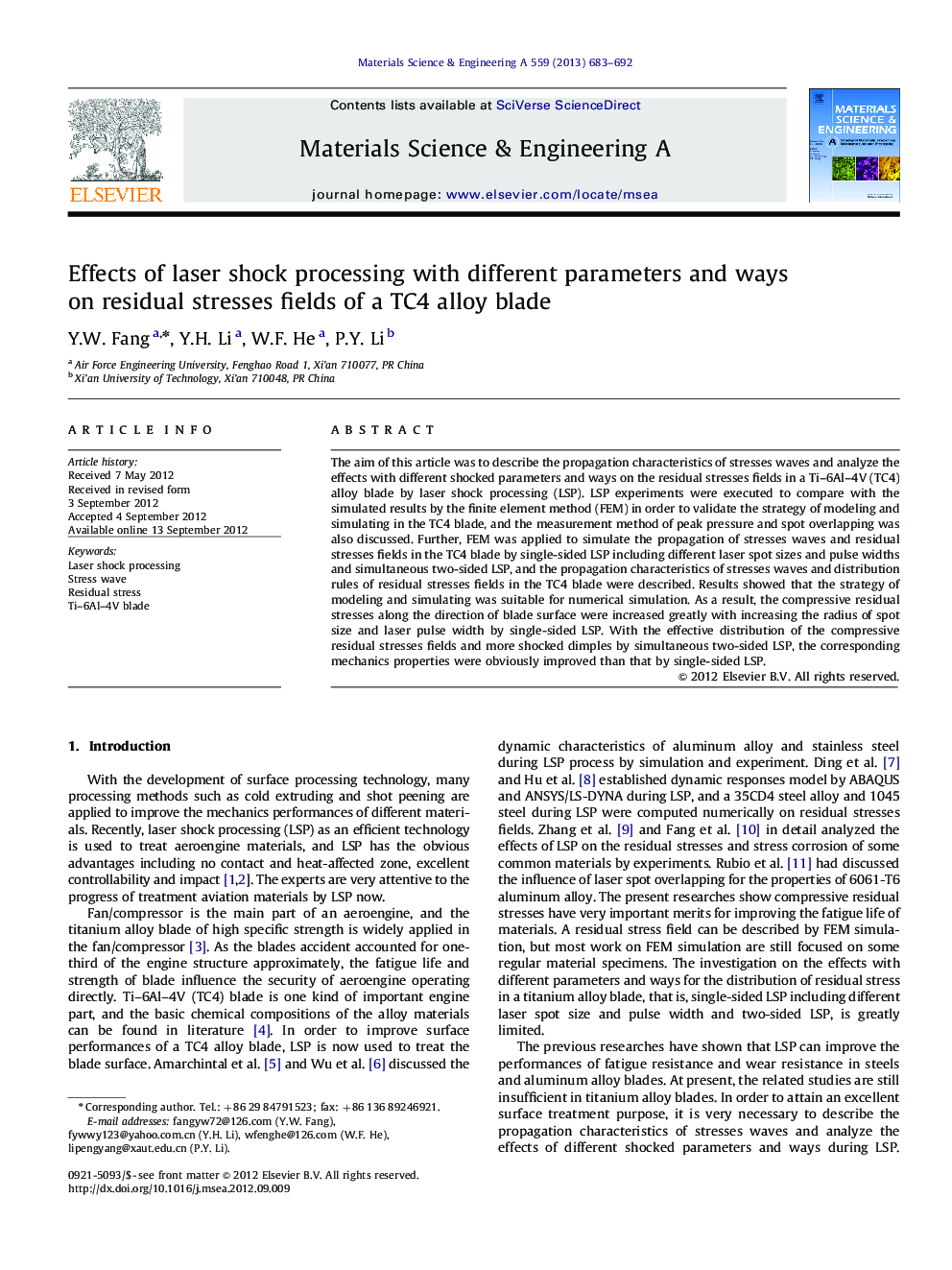 Effects of laser shock processing with different parameters and ways on residual stresses fields of a TC4 alloy blade