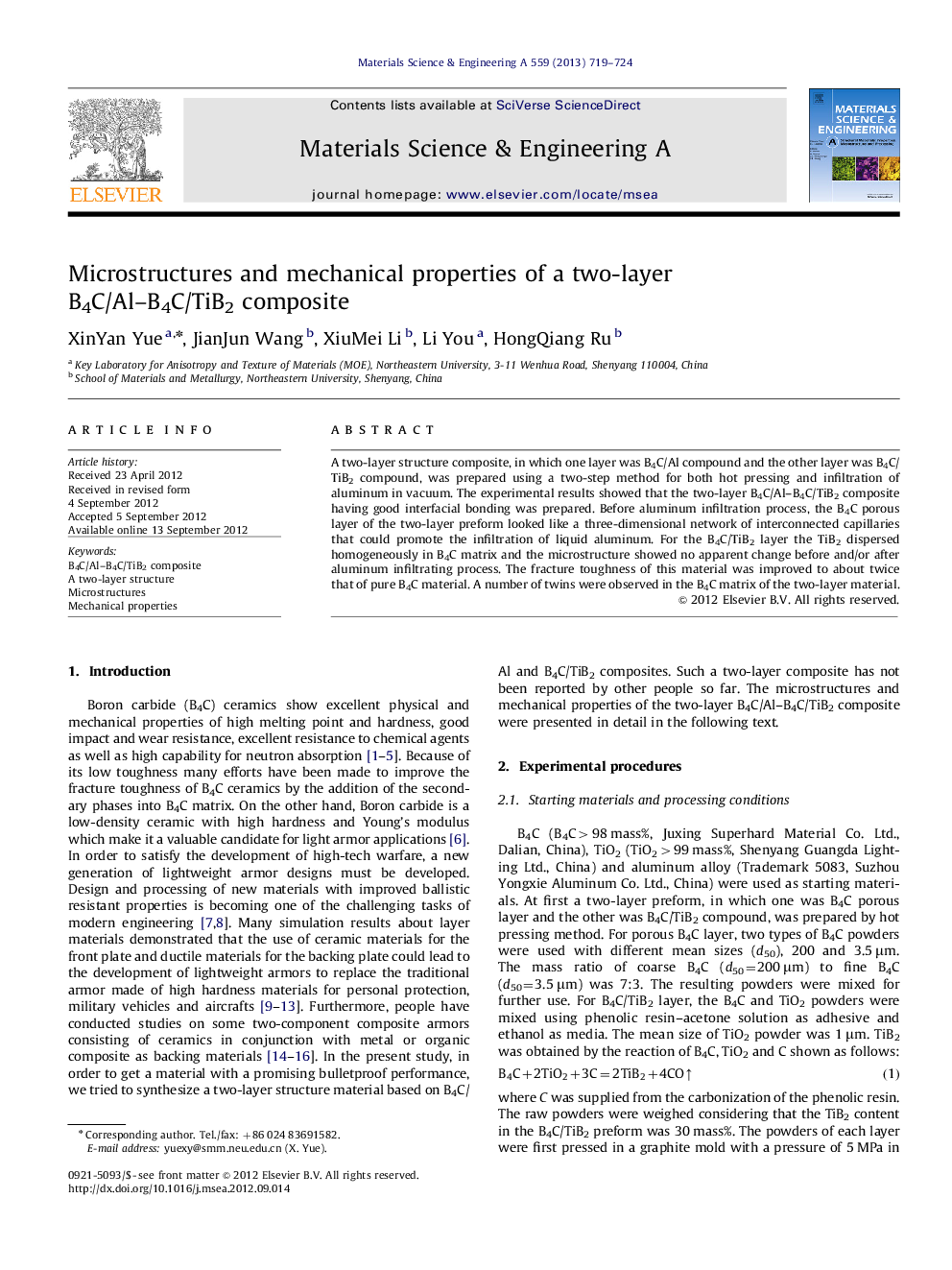 Microstructures and mechanical properties of a two-layer B4C/Al-B4C/TiB2 composite