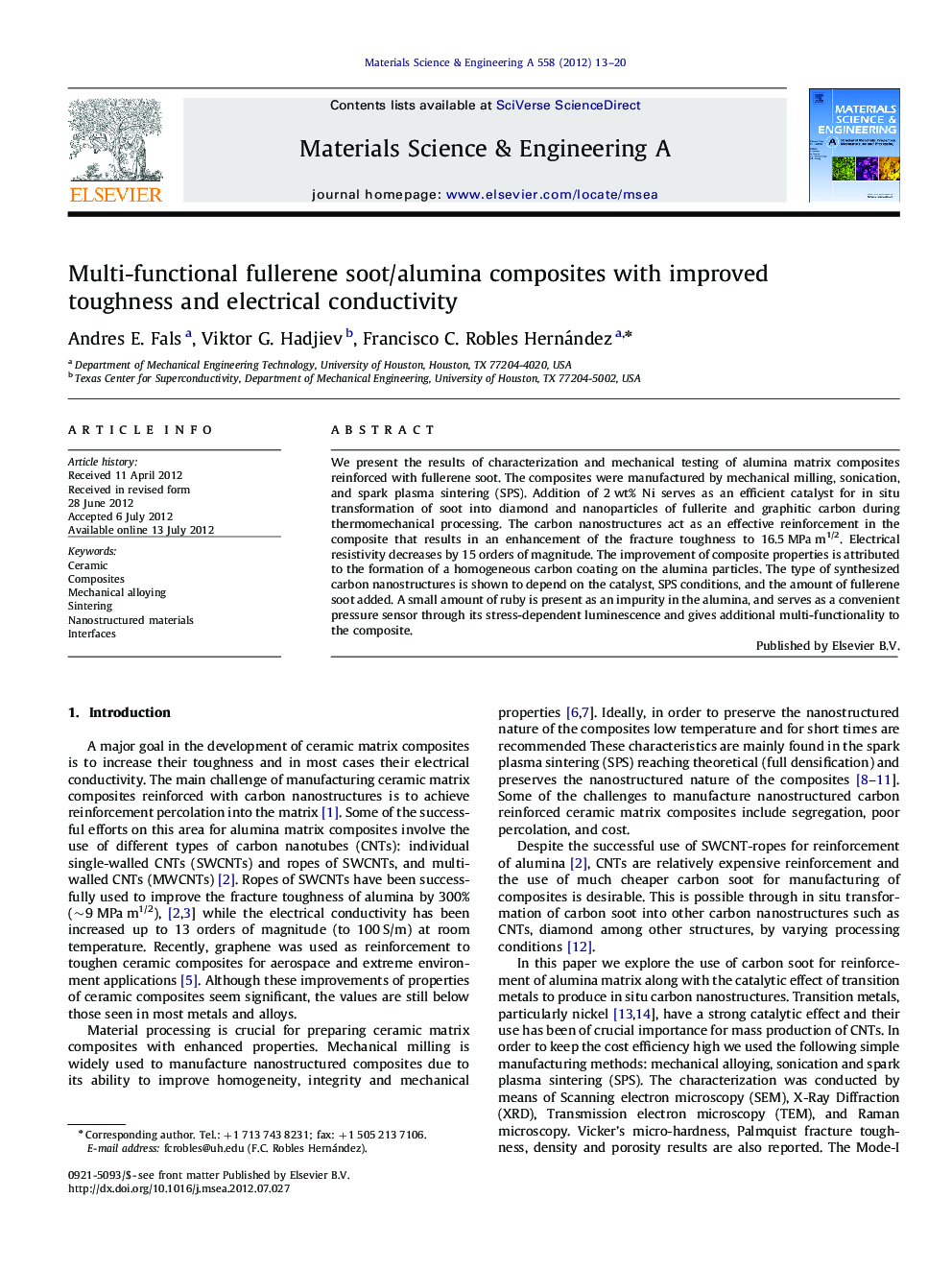 Multi-functional fullerene soot/alumina composites with improved toughness and electrical conductivity