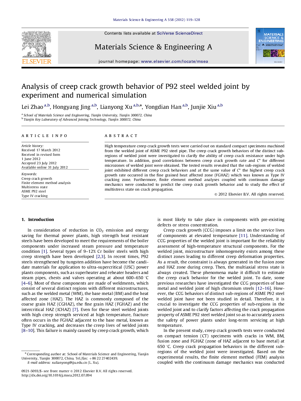 Analysis of creep crack growth behavior of P92 steel welded joint by experiment and numerical simulation