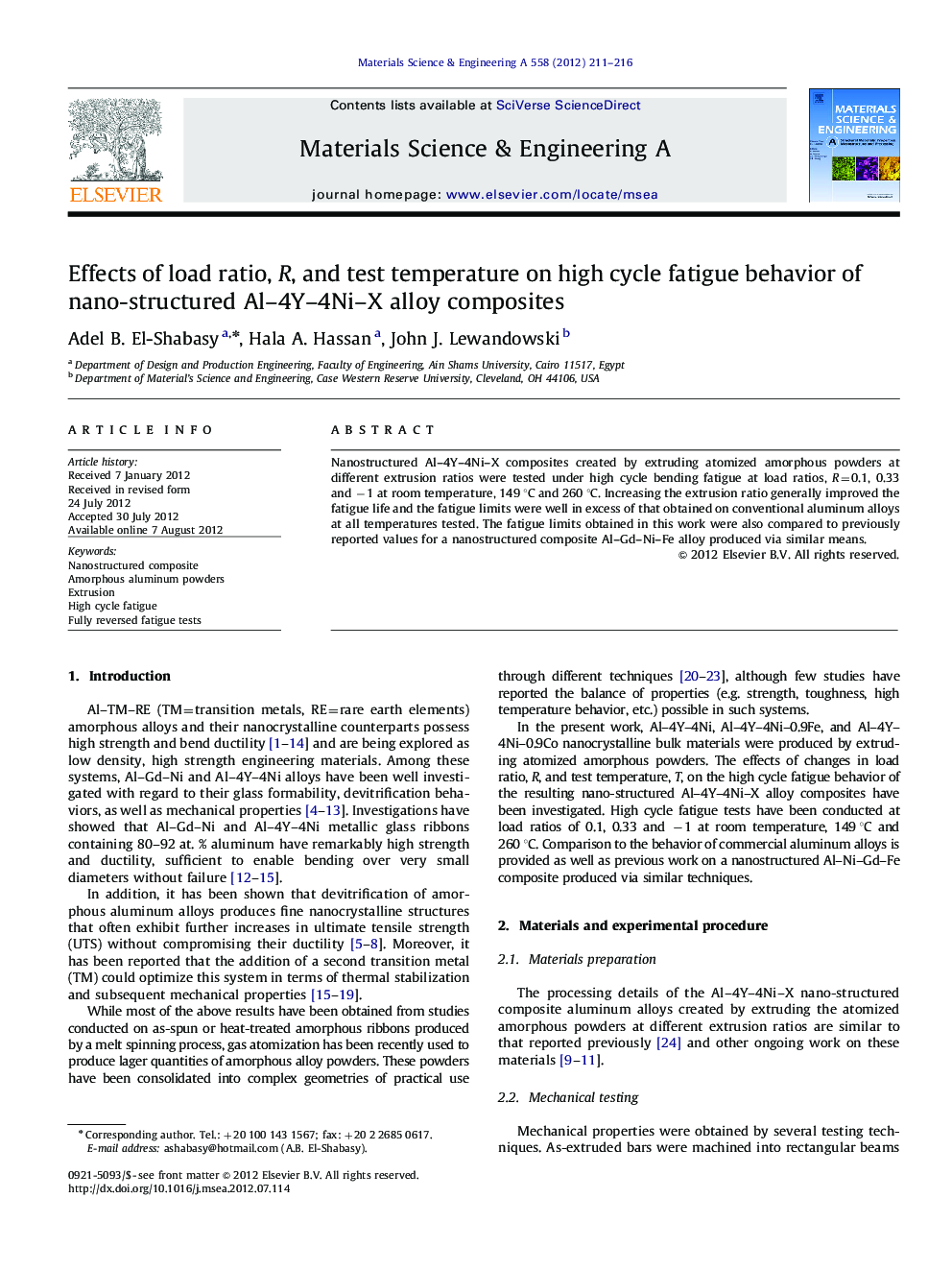 Effects of load ratio, R, and test temperature on high cycle fatigue behavior of nano-structured Al–4Y–4Ni–X alloy composites