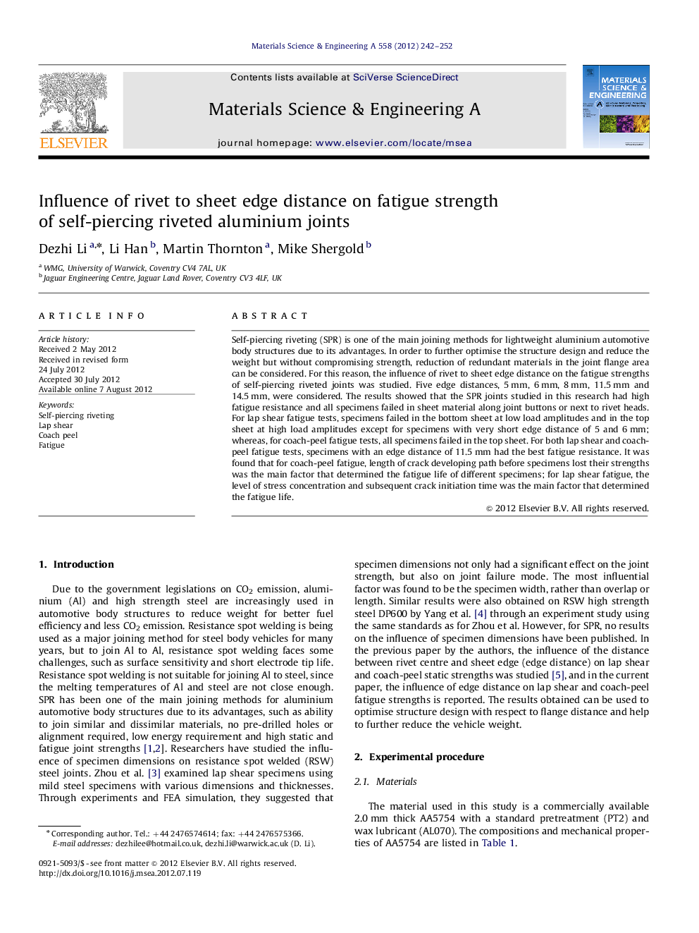 Influence of rivet to sheet edge distance on fatigue strength of self-piercing riveted aluminium joints