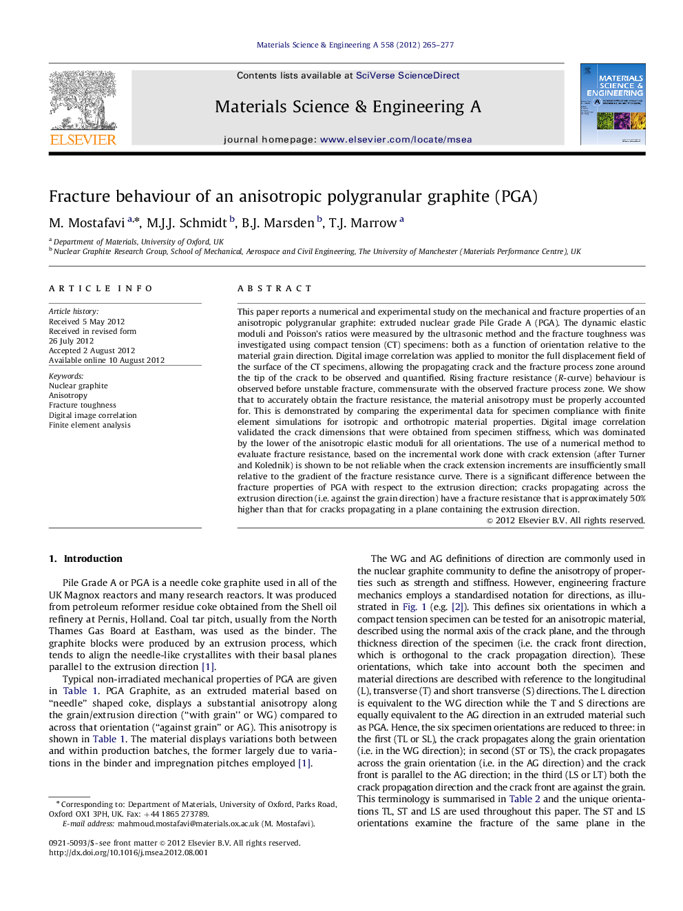 Fracture behaviour of an anisotropic polygranular graphite (PGA)